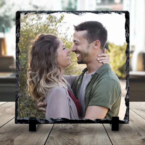 Personalised photo slate with a couples photo printed on natural stone