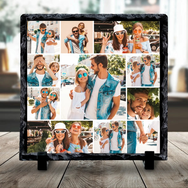 Personalised photo slate with 11-photo collage layout and large centre photo