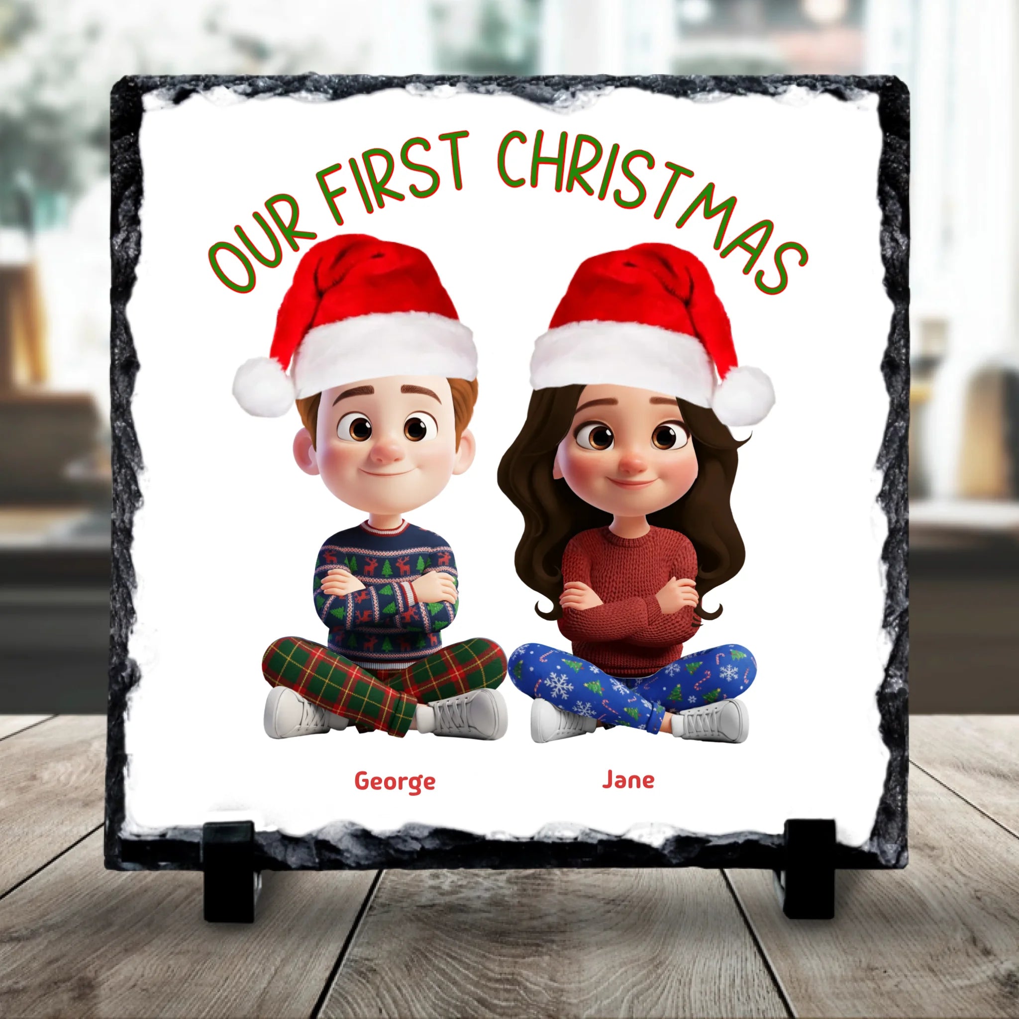 Our First Christmas Personalised Slate | Custom Couple Cartoon Design | Festive Gift Keepsake