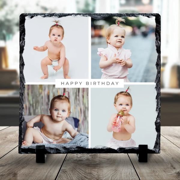 Personalised 4-photo slate with custom text showing a collage of four images