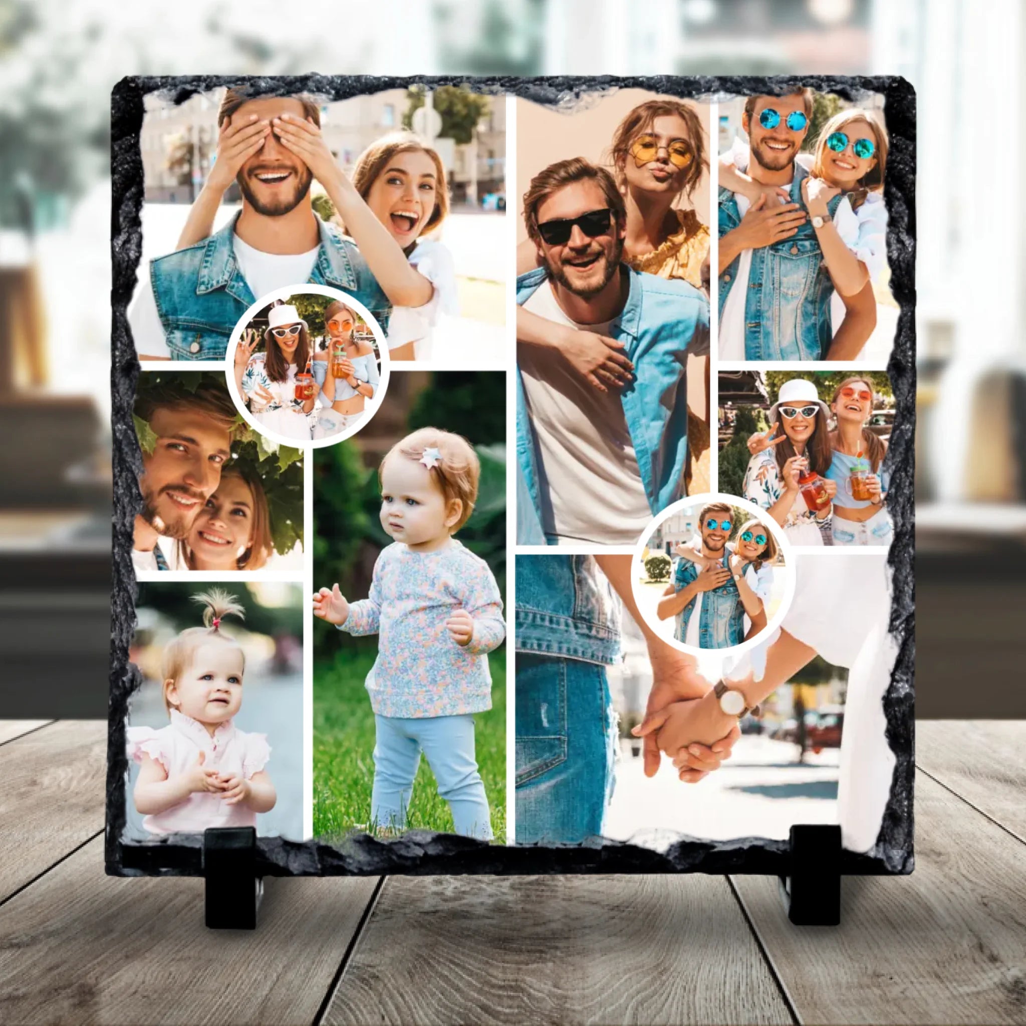 Custom Personalised Photo Slate - 10 Photos - Custom Collage With 2 Circle Photos