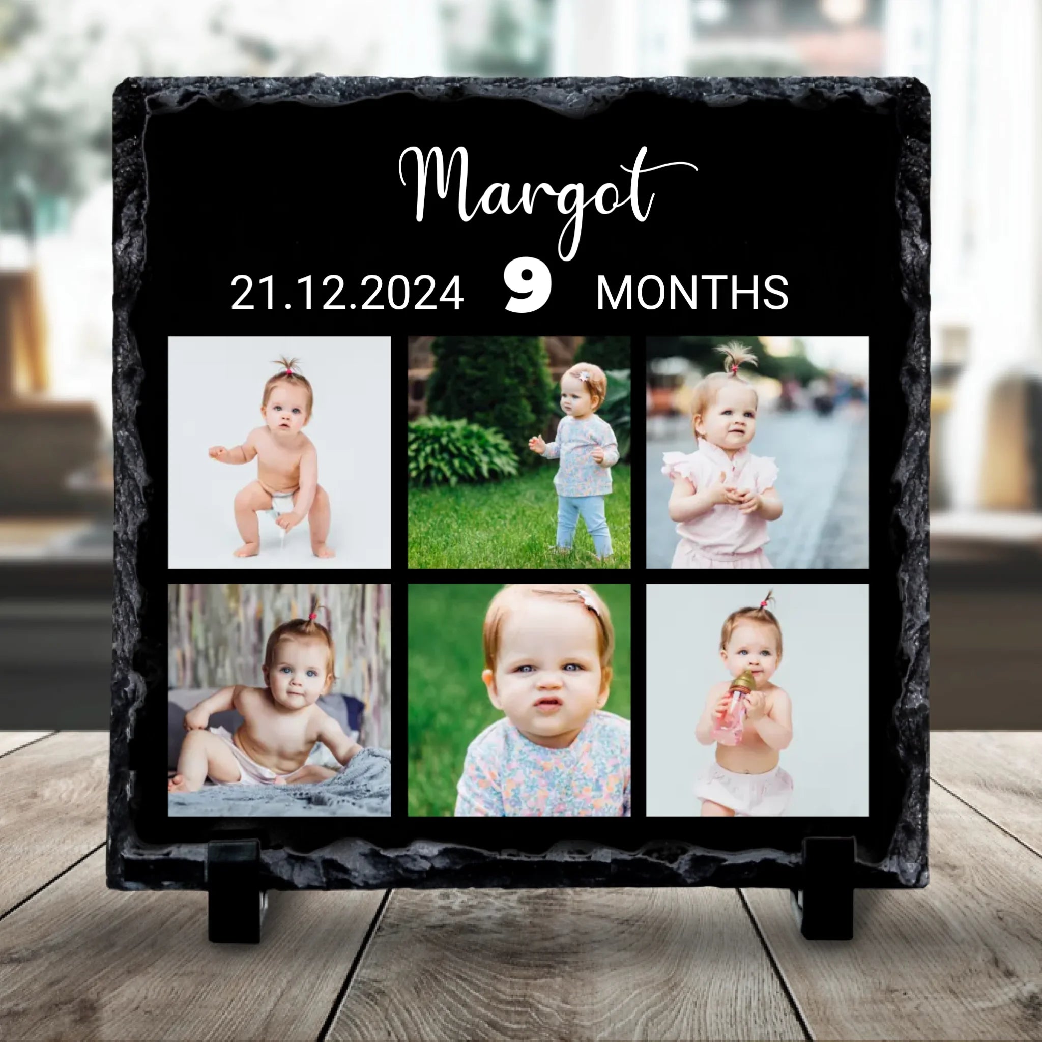 Personalised Milestone Photo Slate - Custom Square Design with 6 Photos, Name, Date & Age
