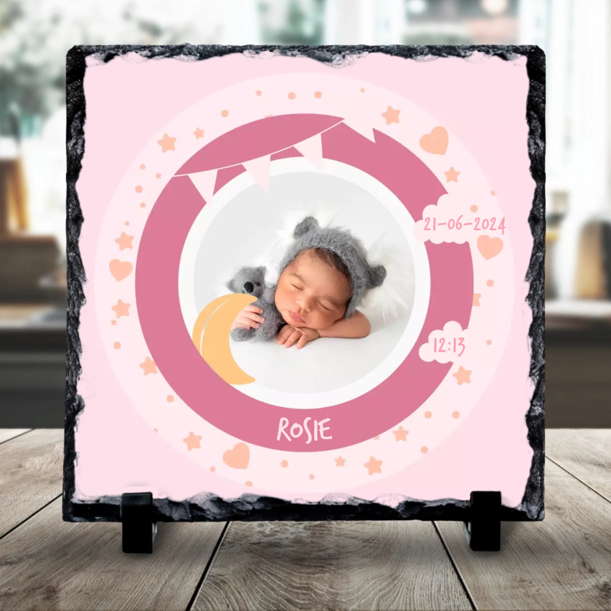 Custom Personalised Birth Announcement Photo Slate - Baby Girl - Pinks