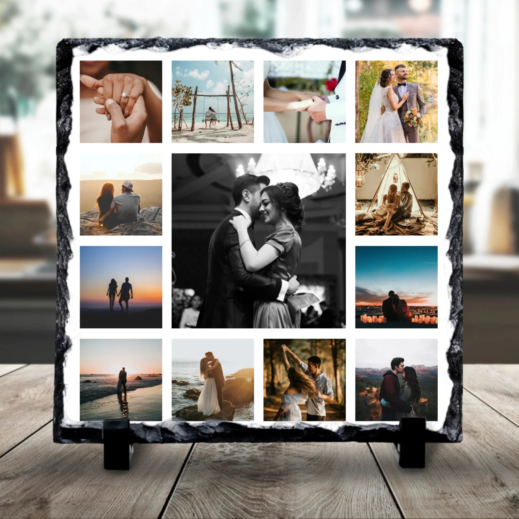 Personalised photo slate with 13-photo square collage layout and custom text