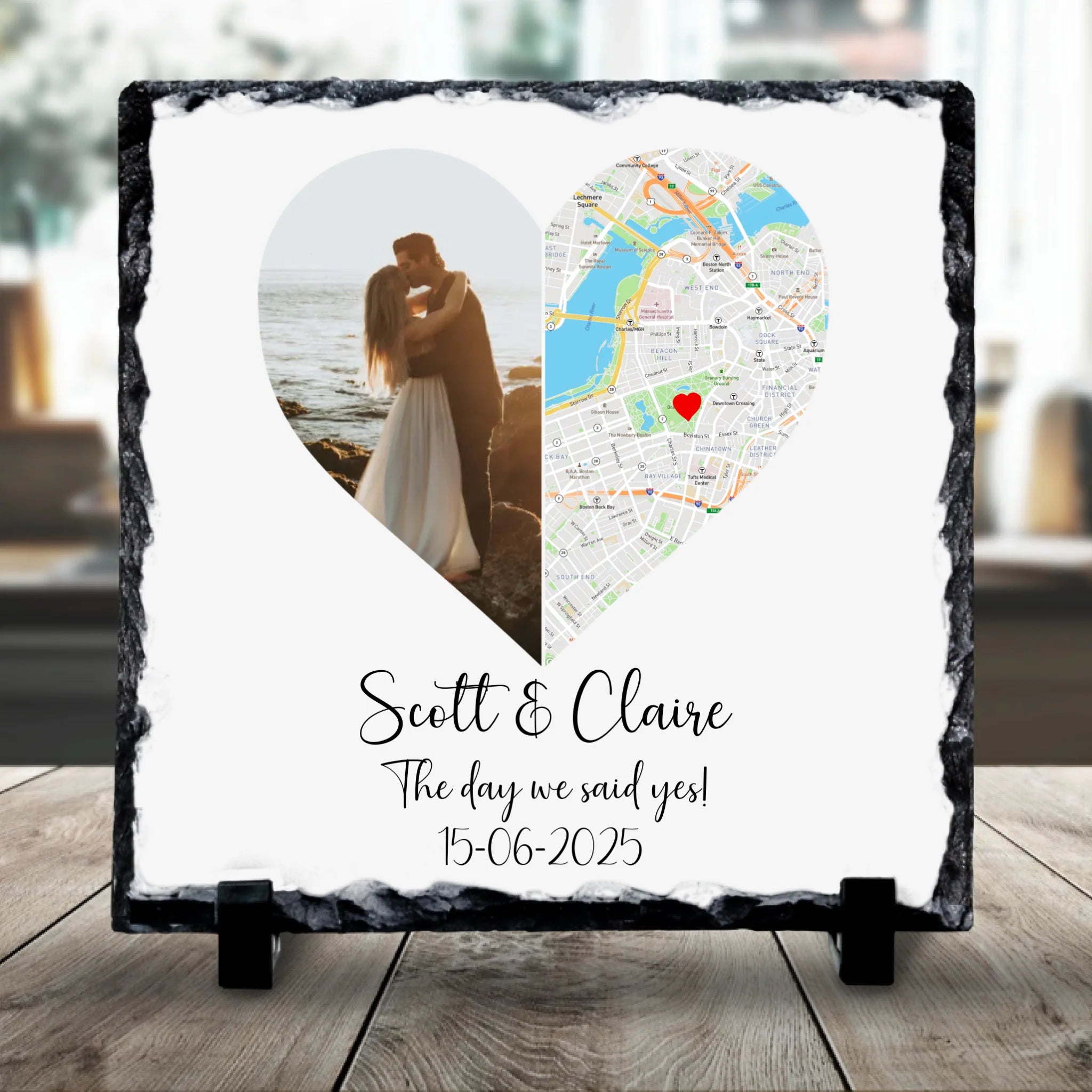 Personalised couples photo slate featuring a custom photo, location map, names and date