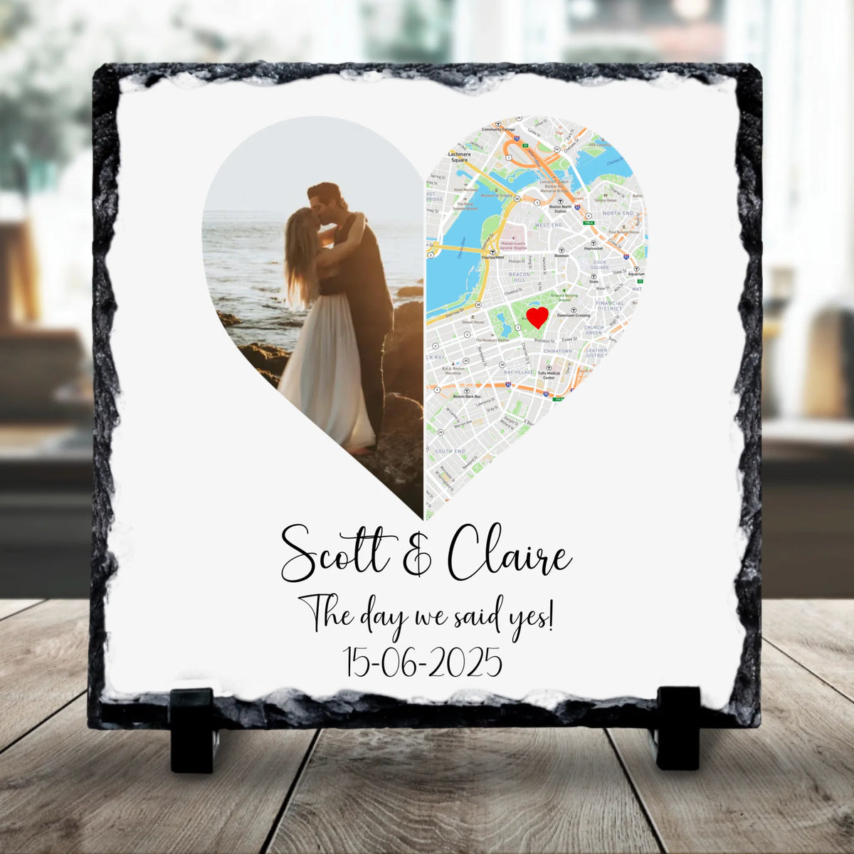 Personalised Couples Photo & Map Slate – Custom Photo, Location, Names, Date & Quote