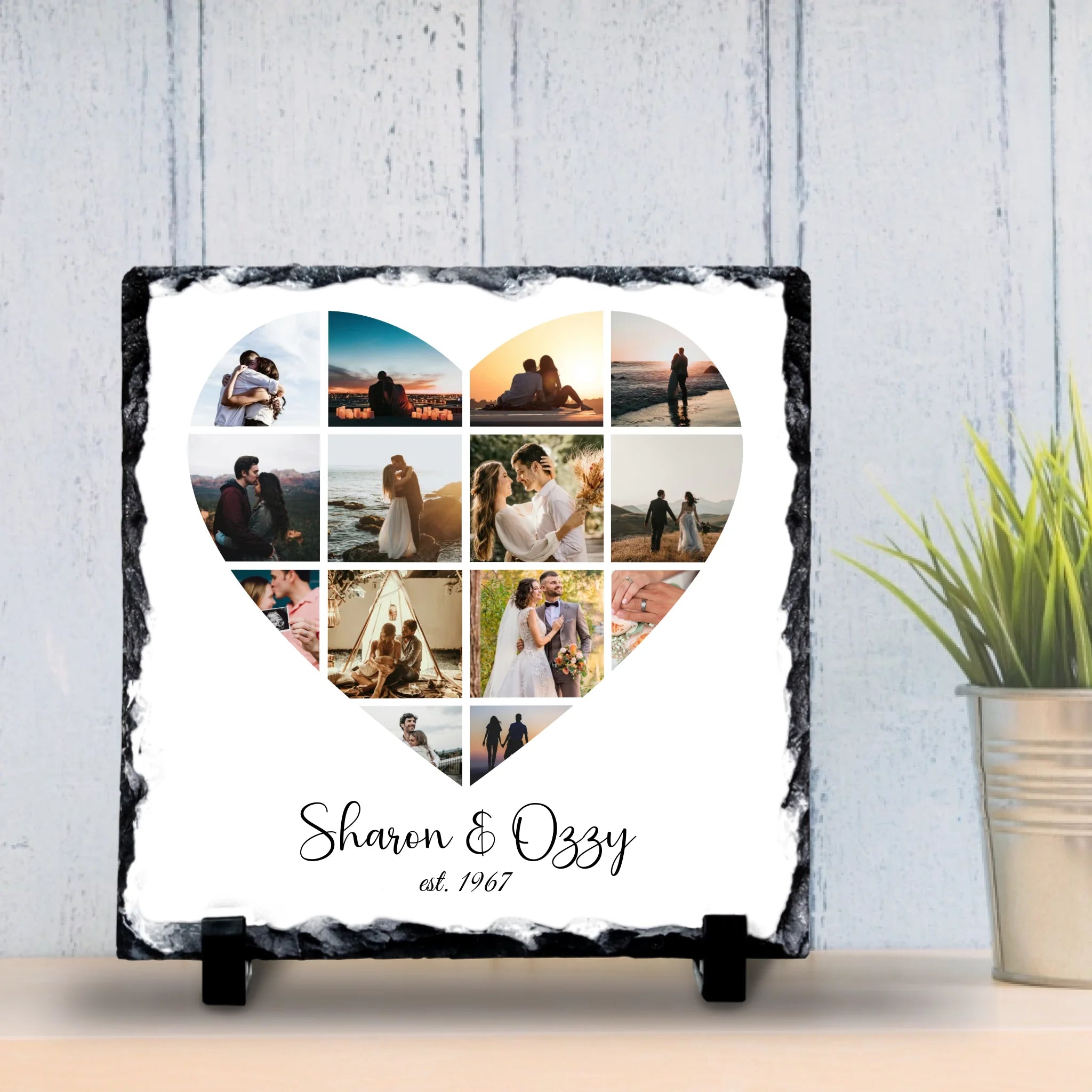 Personalised Heart 13 Photo Collage Slate – Custom Names & Date – Unique Anniversary or Wedding Keepsake