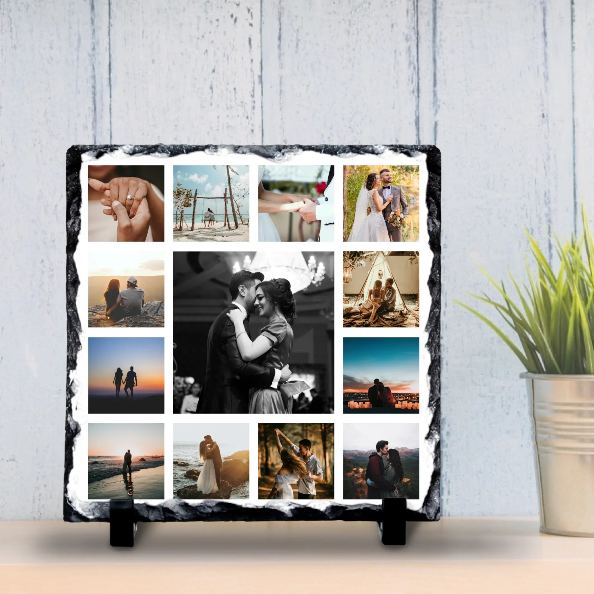 Personalised Photo Collage Slate – 13 Photo Square Design with Custom Text & Background Colour – Anniversary or Family Gift