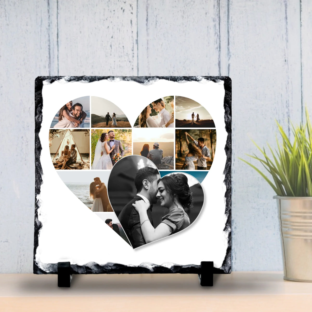 Personalised Double Heart Photo Collage Slate – Custom Multi-Photo Keepsake – Natural Slate Gift with Stands