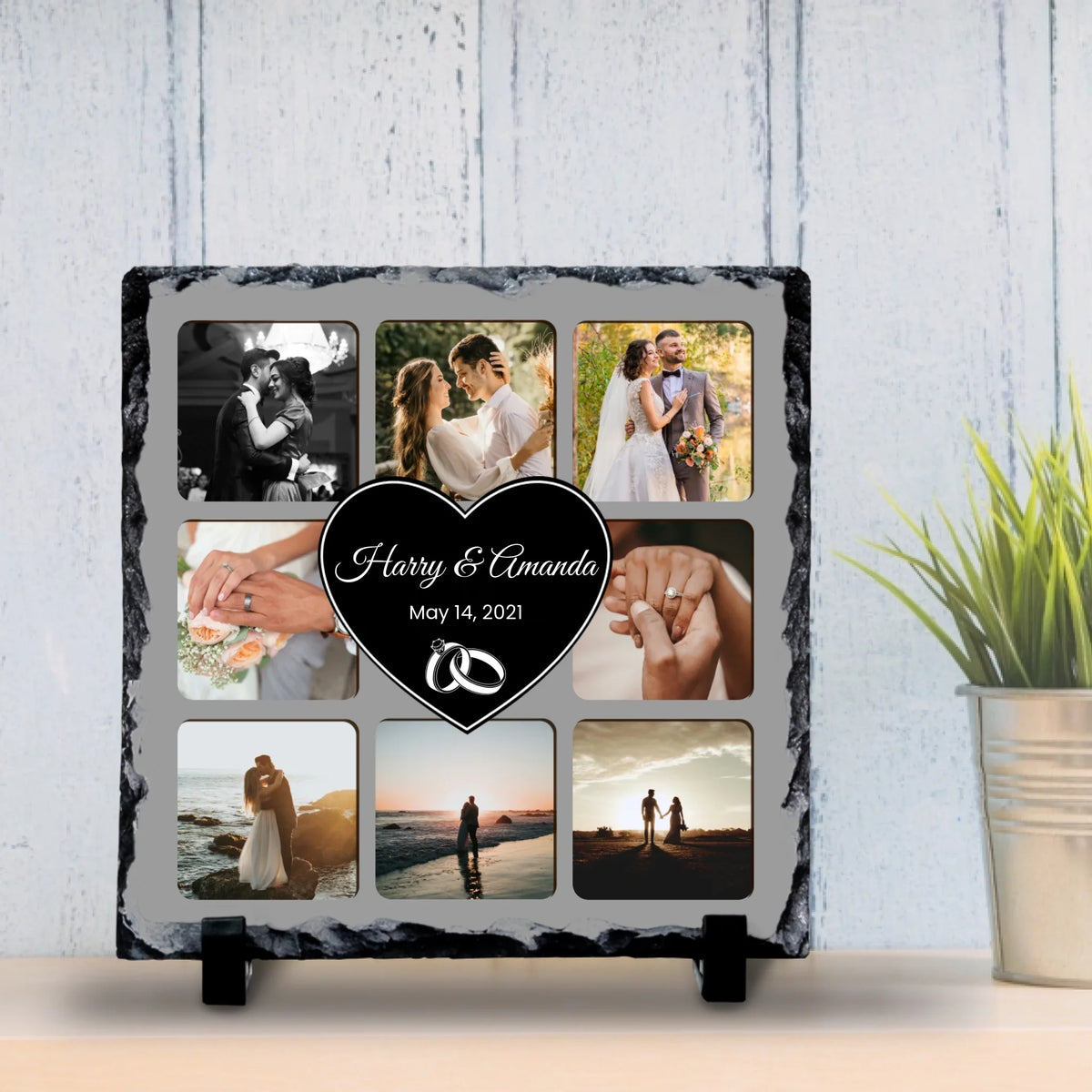 Personalised 9 Photo Collage Slate with Heart Centre – Custom Names & Date – Wedding or Anniversary Keepsake