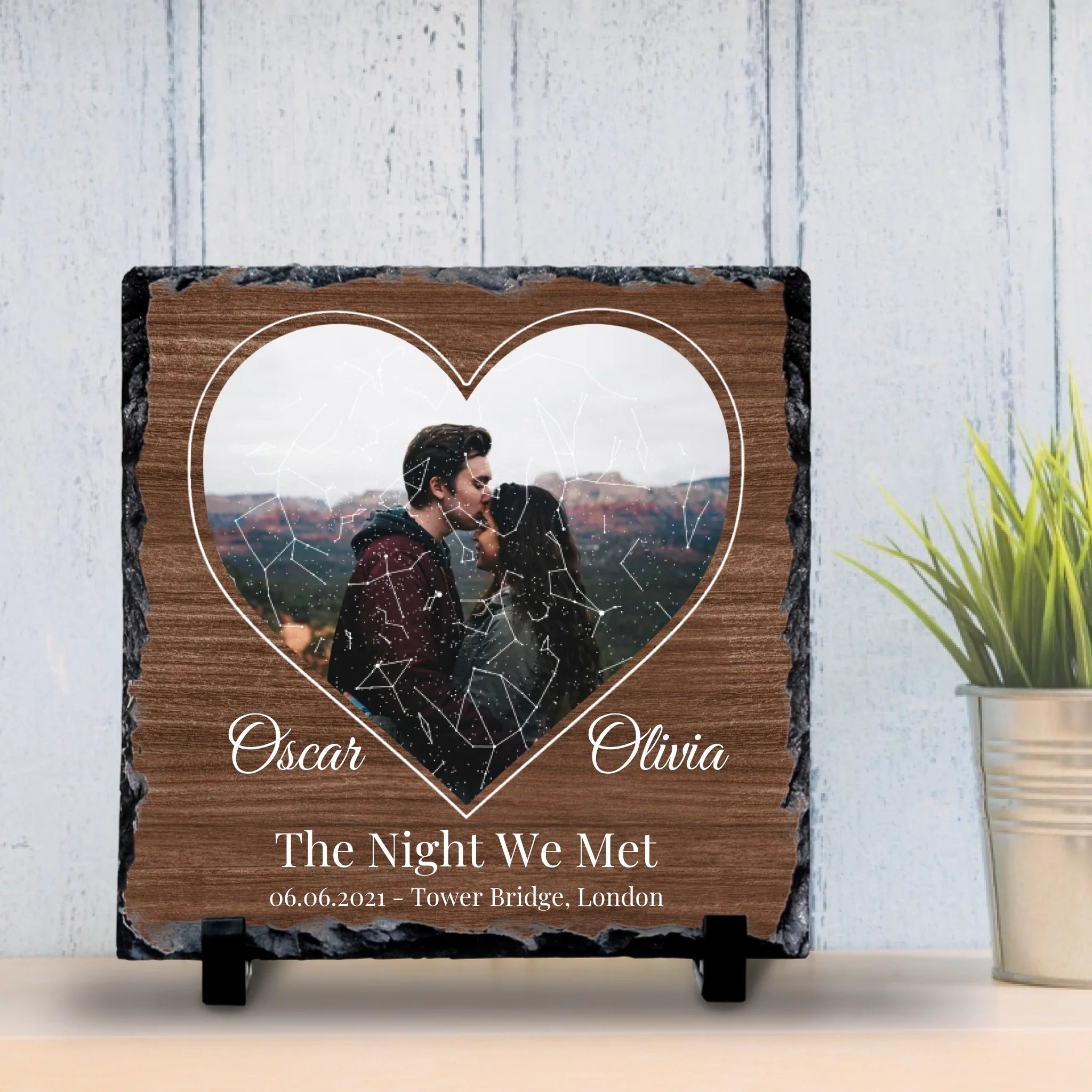 Personalised Heart Photo & Star Map Slate – Custom Night Sky with Names, Date & Location – Anniversary or Wedding Gift