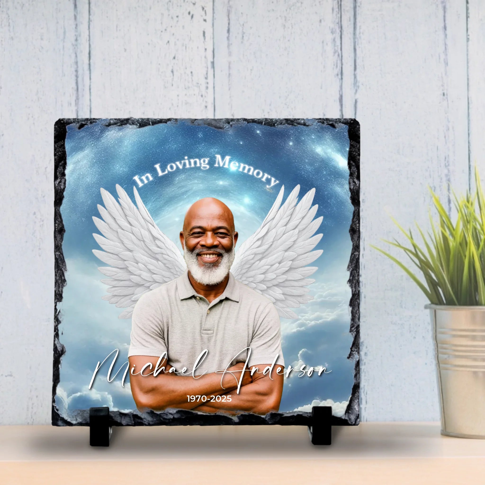 Custom Personalised Memorial Photo Slate Plaque  - Angel Wings