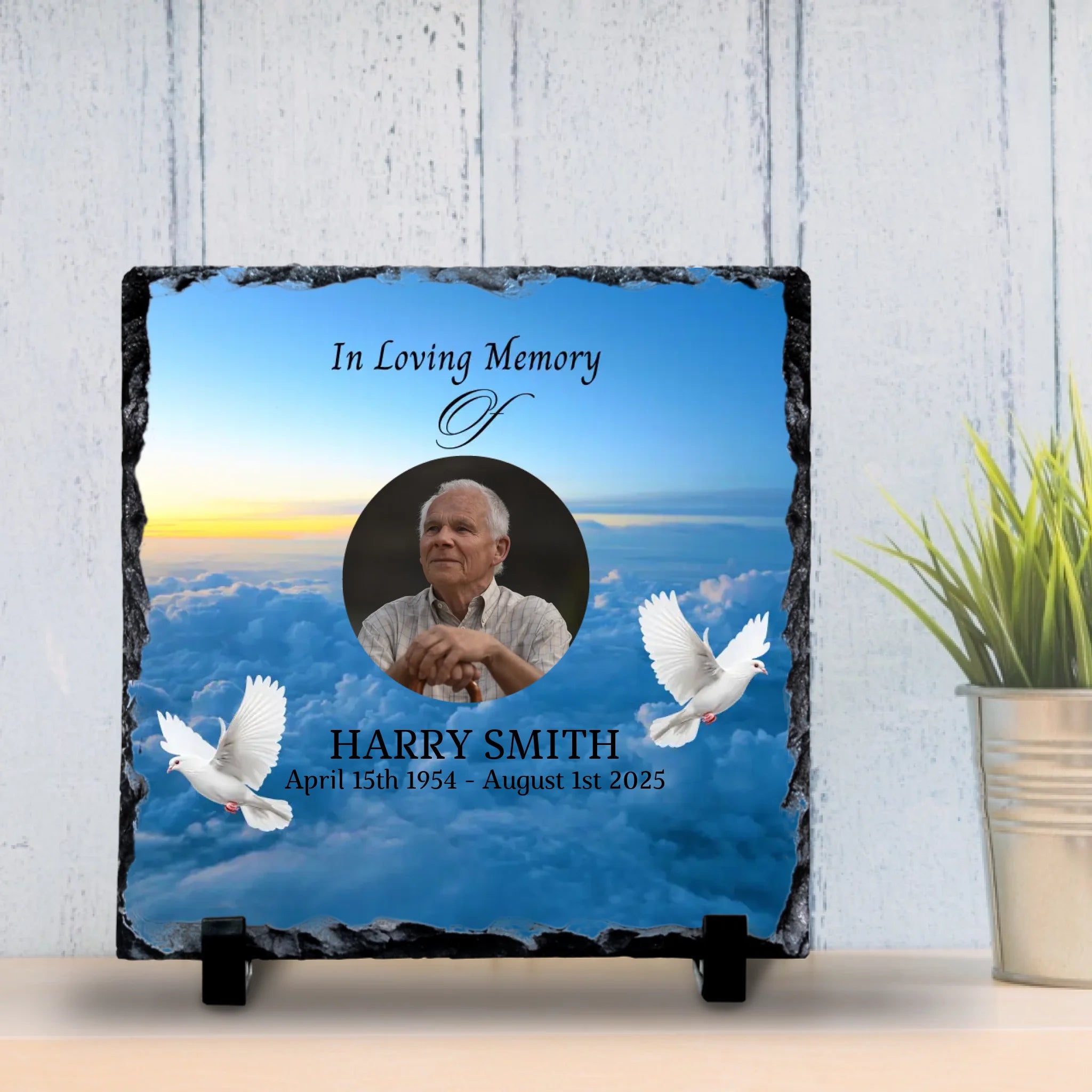 Custom Personalised Memorial Photo Slate Plaque  - Clouds & Doves