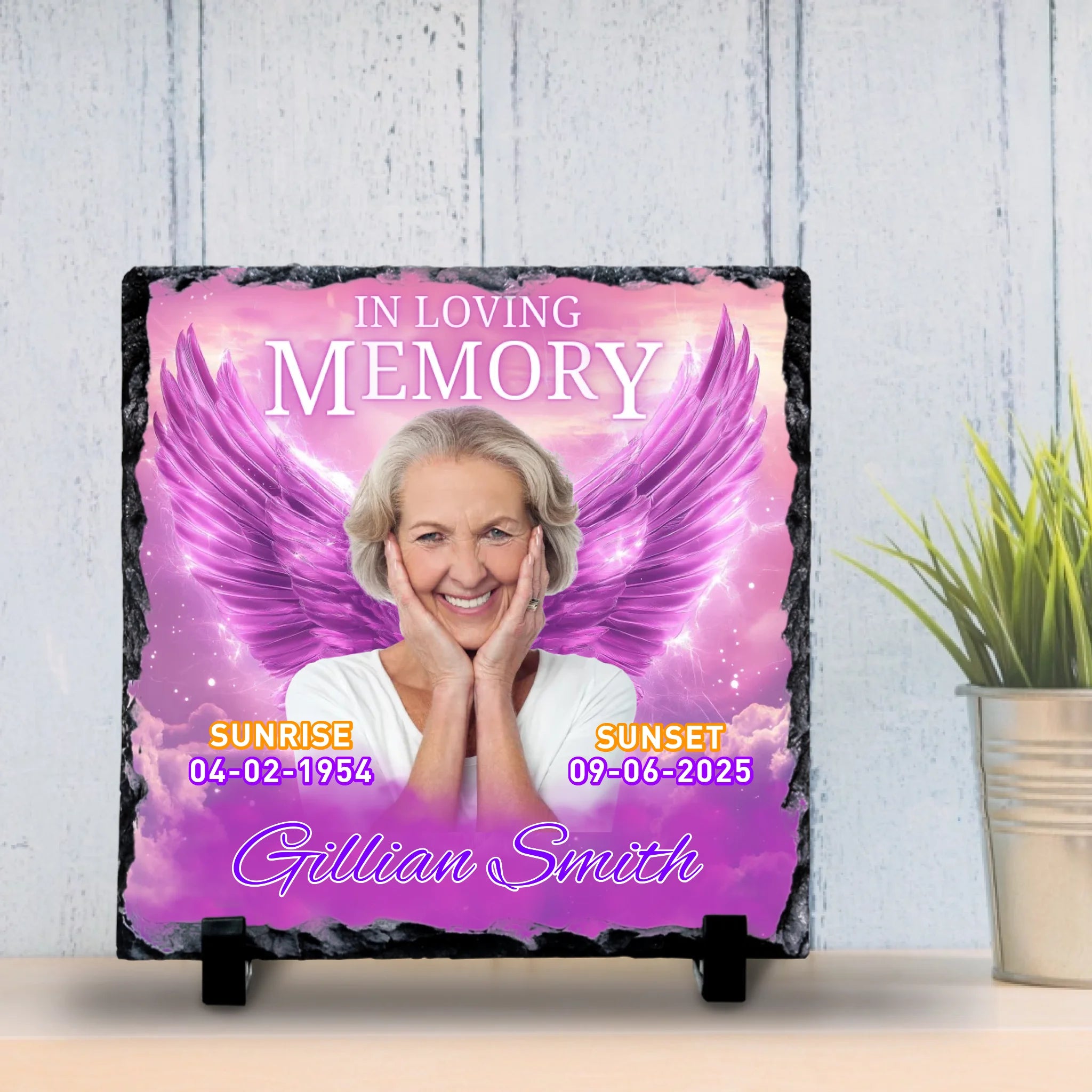 Custom Personalised Memorial Photo Slate Plaque - Purple Angel Wings