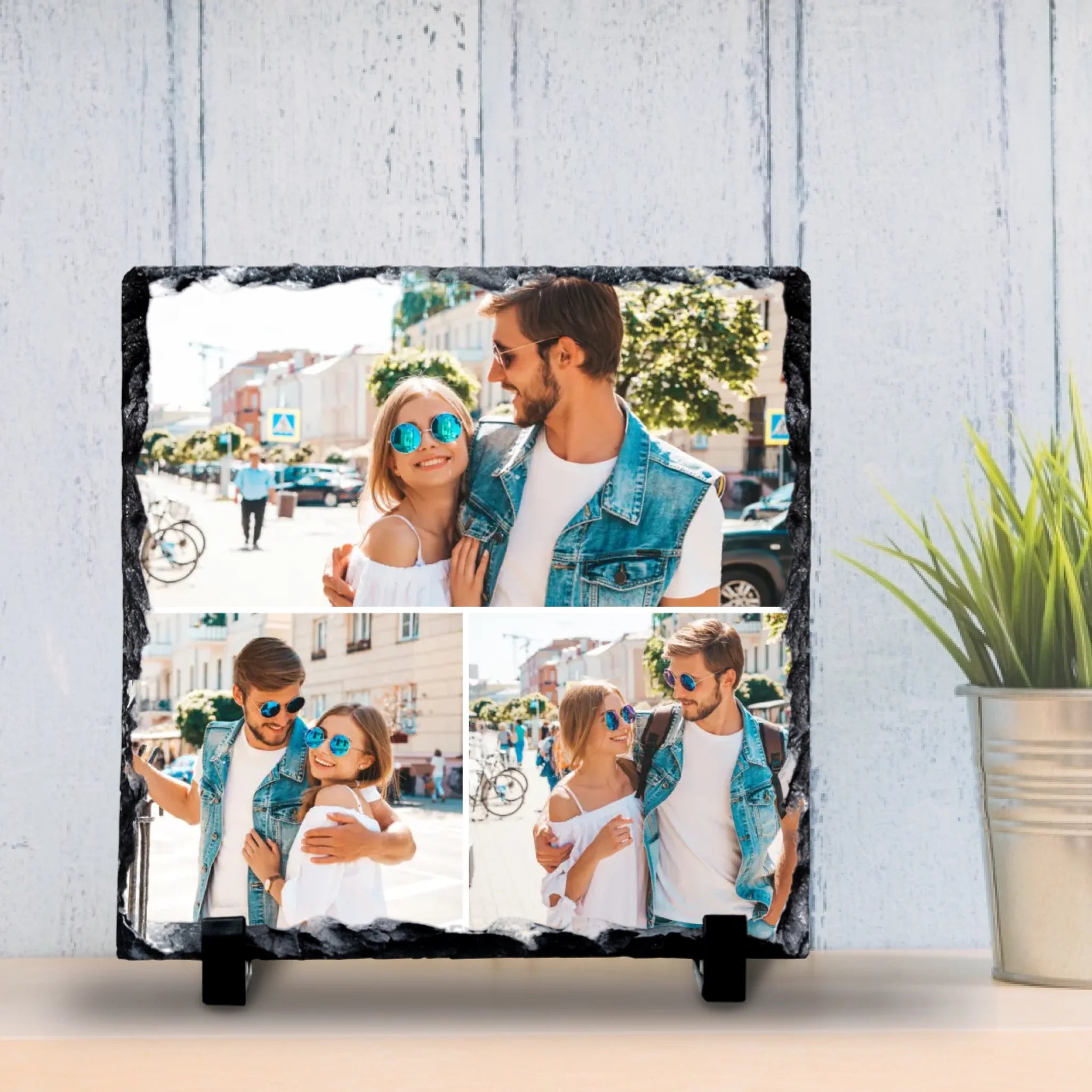 Custom Personalised Photo Slate - 3 Photos - Custom Collage with Text & Grid Colour Options