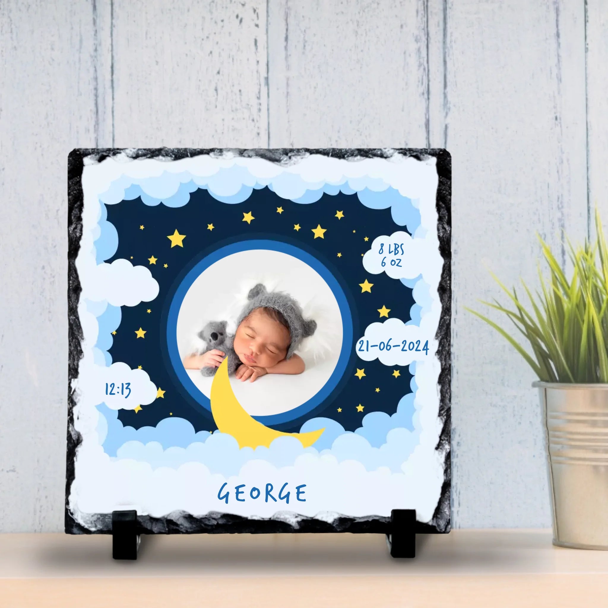 Custom Personalised Birth Announcement Photo Slate - Baby Boy - Blues