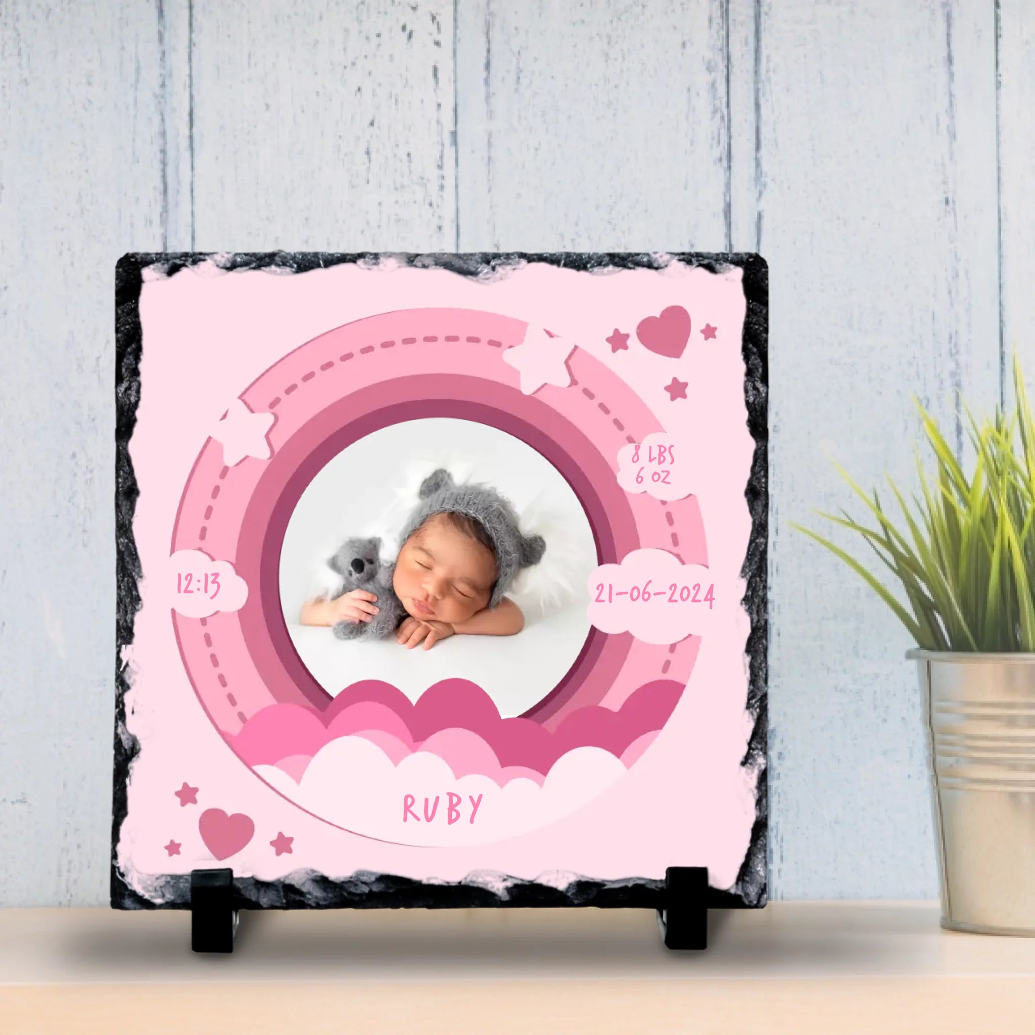 Custom Personalised Birth Announcement Photo Slate - Baby Girl - Pinks