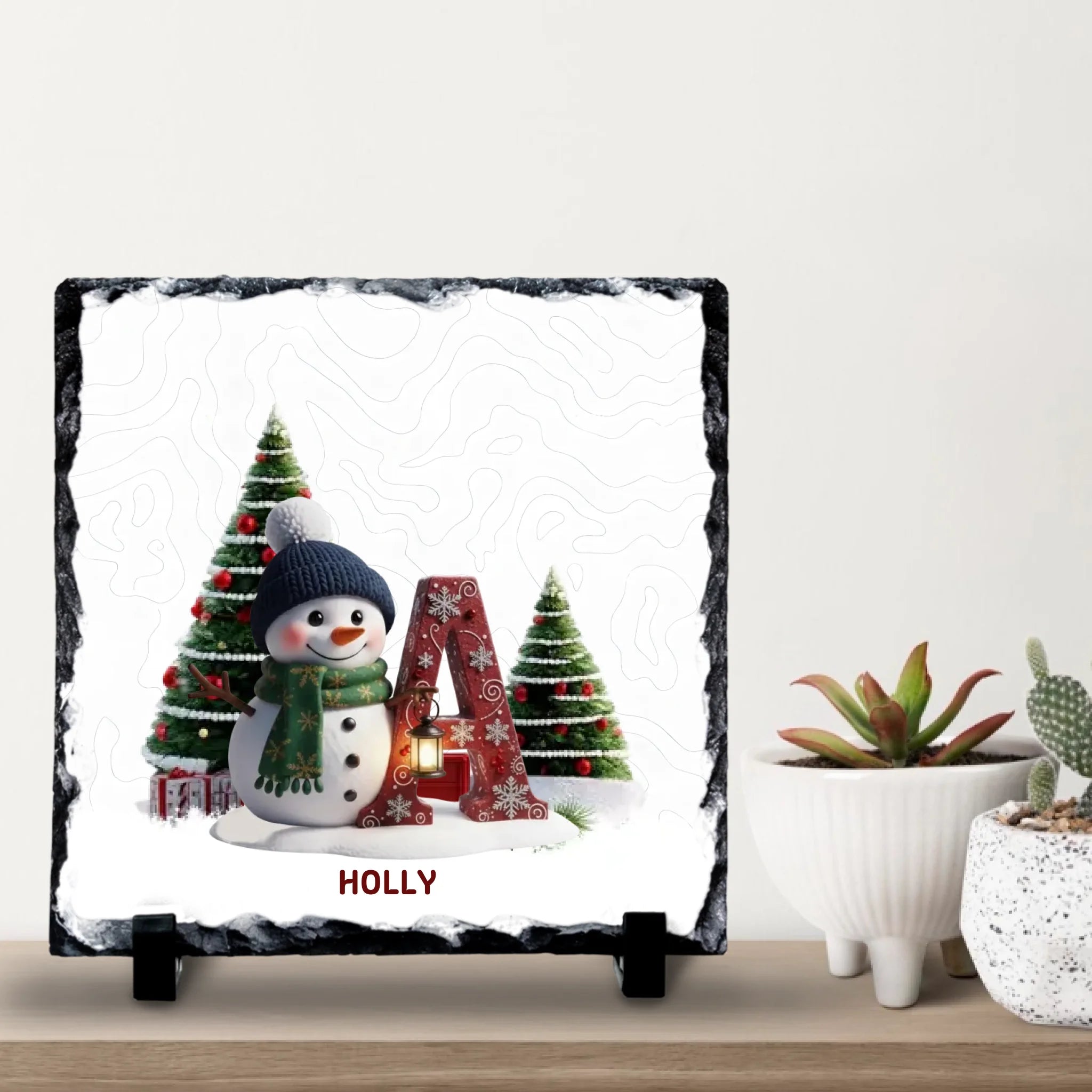 Personalised Christmas Initial Slate | Custom Snowman & Tree Design | Name Gift for Kids or Family
