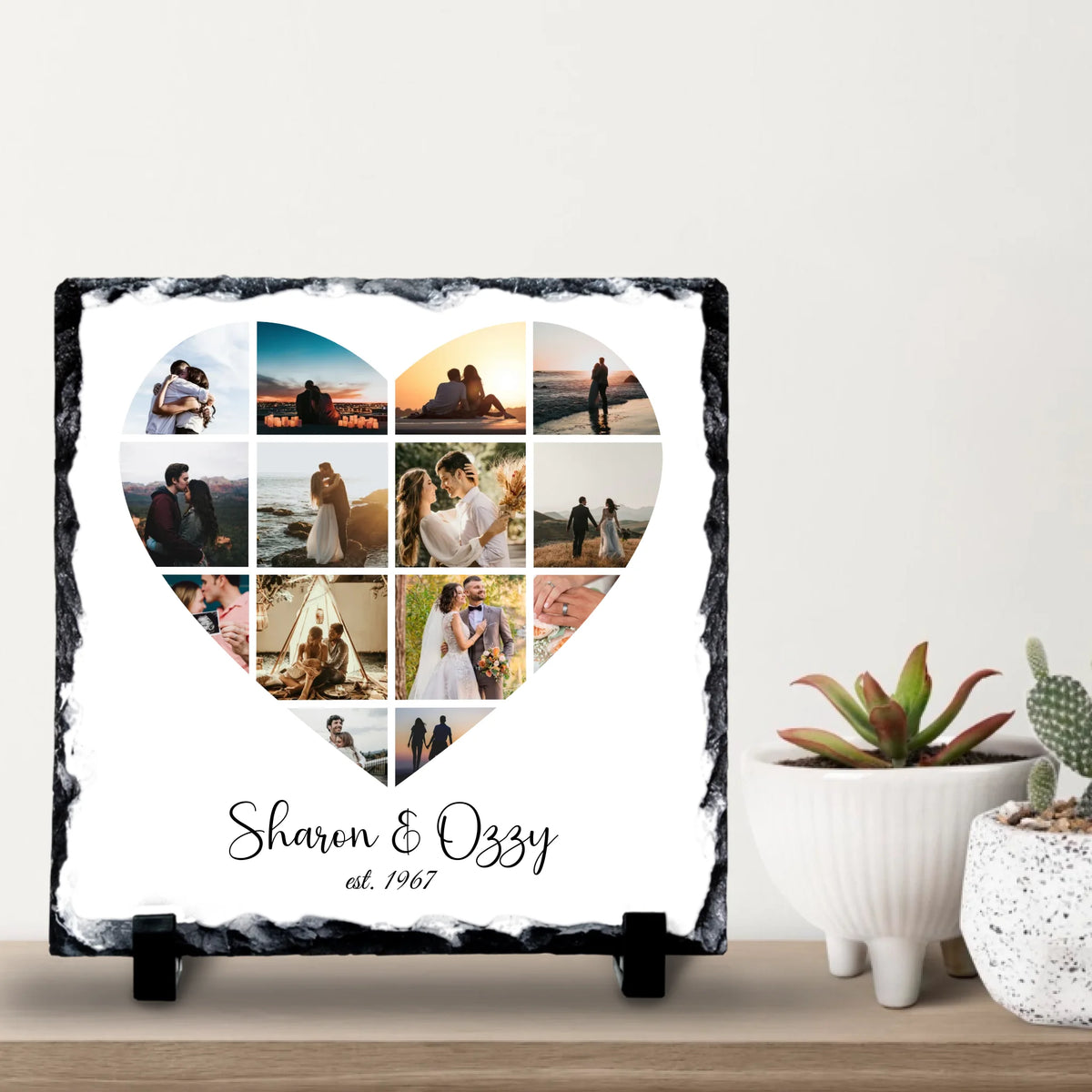 Personalised Heart 13 Photo Collage Slate – Custom Names & Date – Unique Anniversary or Wedding Keepsake