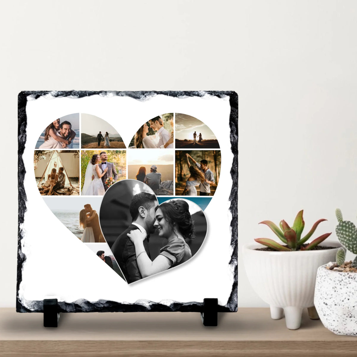 Personalised Double Heart Photo Collage Slate – Custom Multi-Photo Keepsake – Natural Slate Gift with Stands