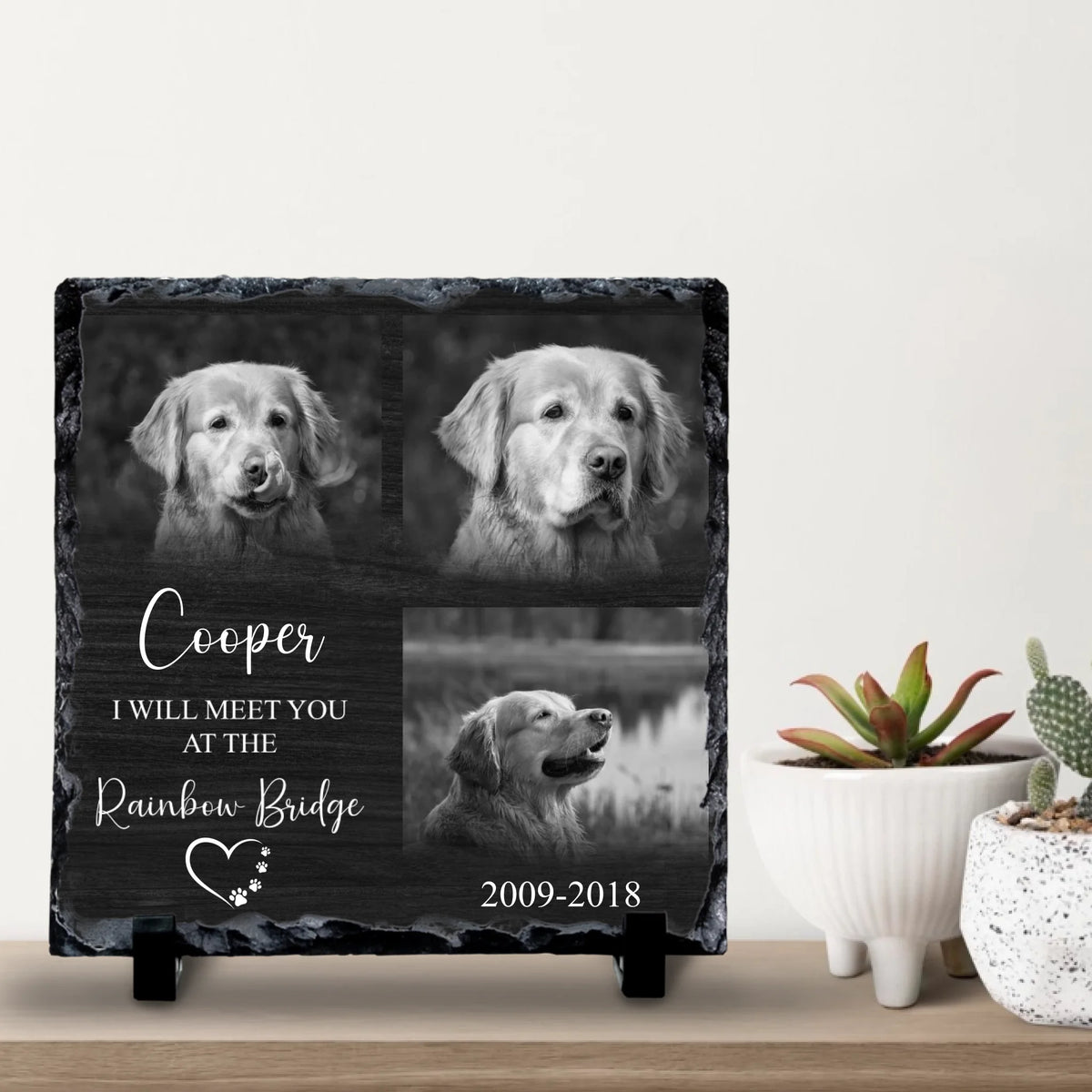 Custom Personalised Pet Memorial Photo Slate - Rainbow Bridge - Black & White