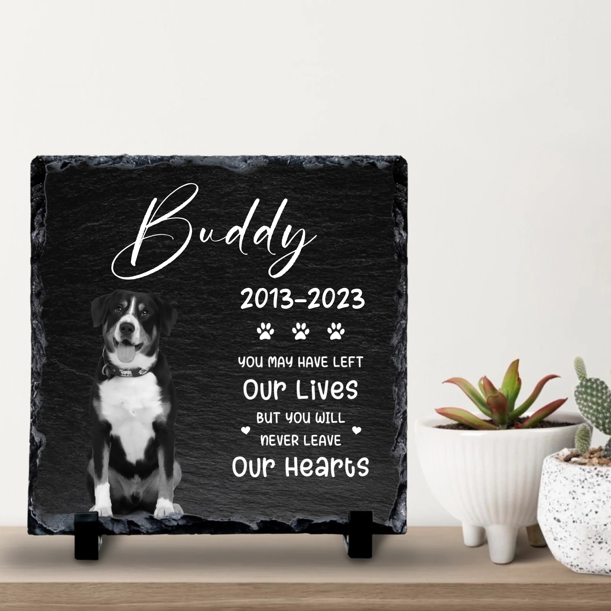 Custom Personalised  Dog Memorial Photo Slate Plaque  - Never Leave Our Hearts