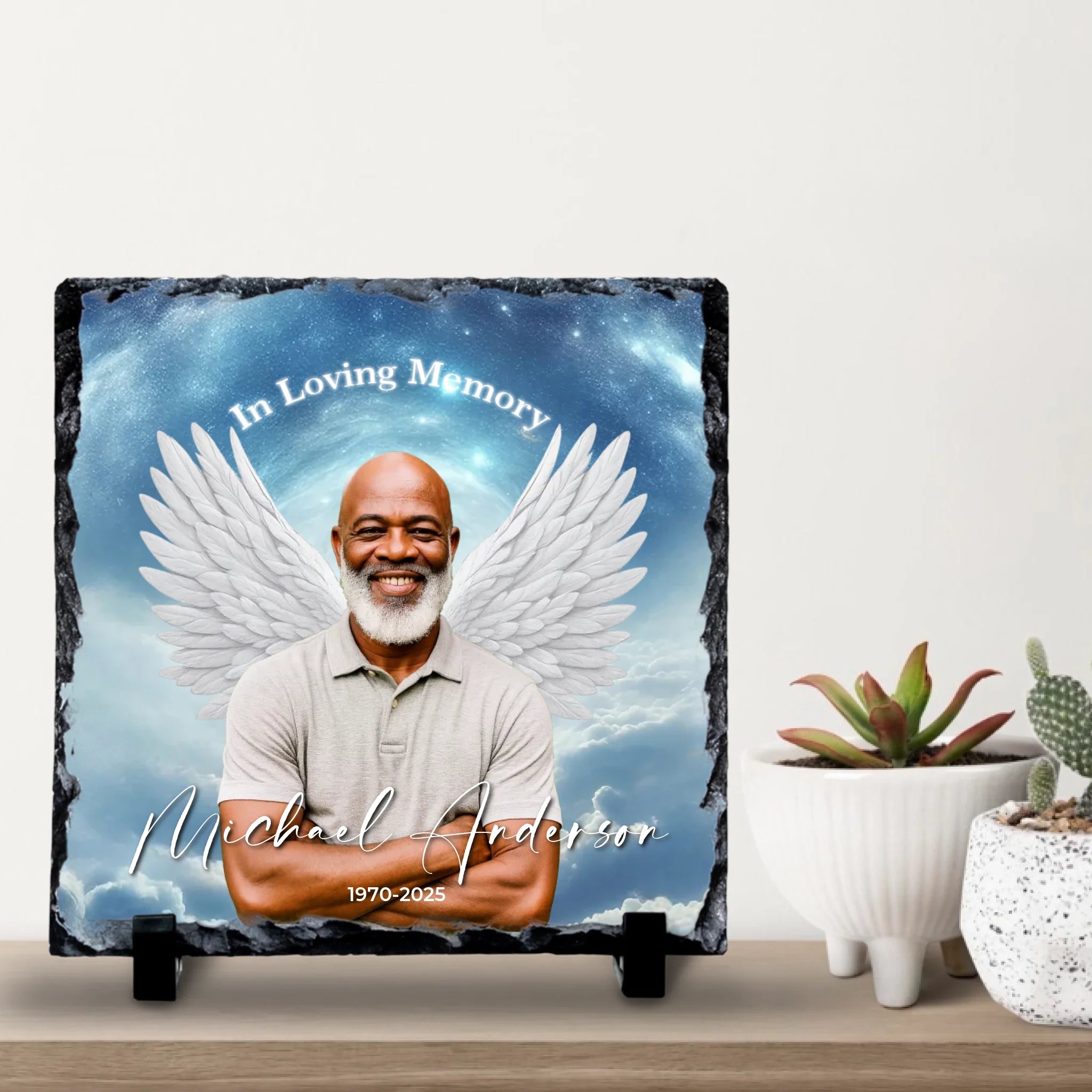 Custom Personalised Memorial Photo Slate Plaque  - Angel Wings