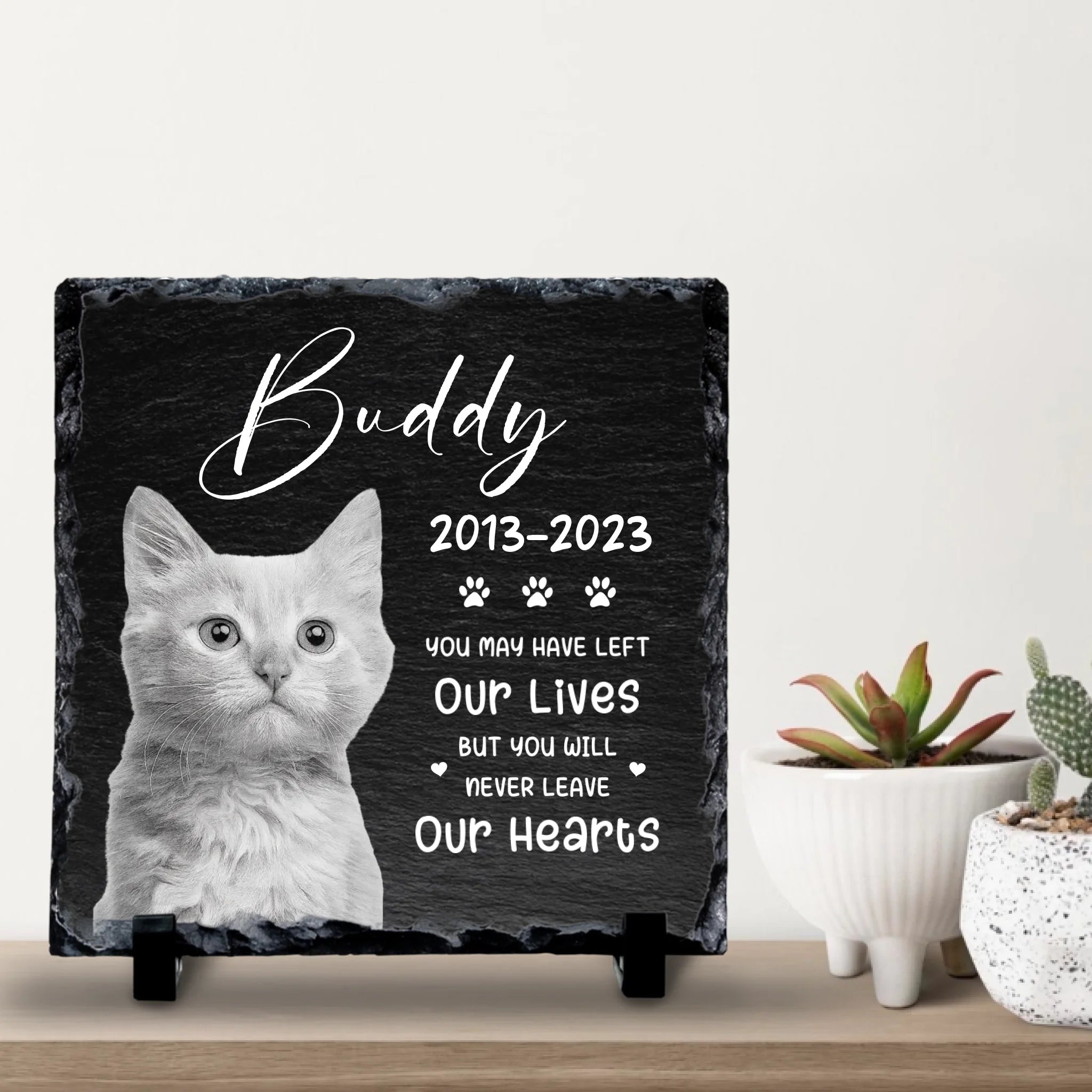 Custom Personalised  Pet Memorial Photo Slate Plaque  - Never Leave Our Hearts