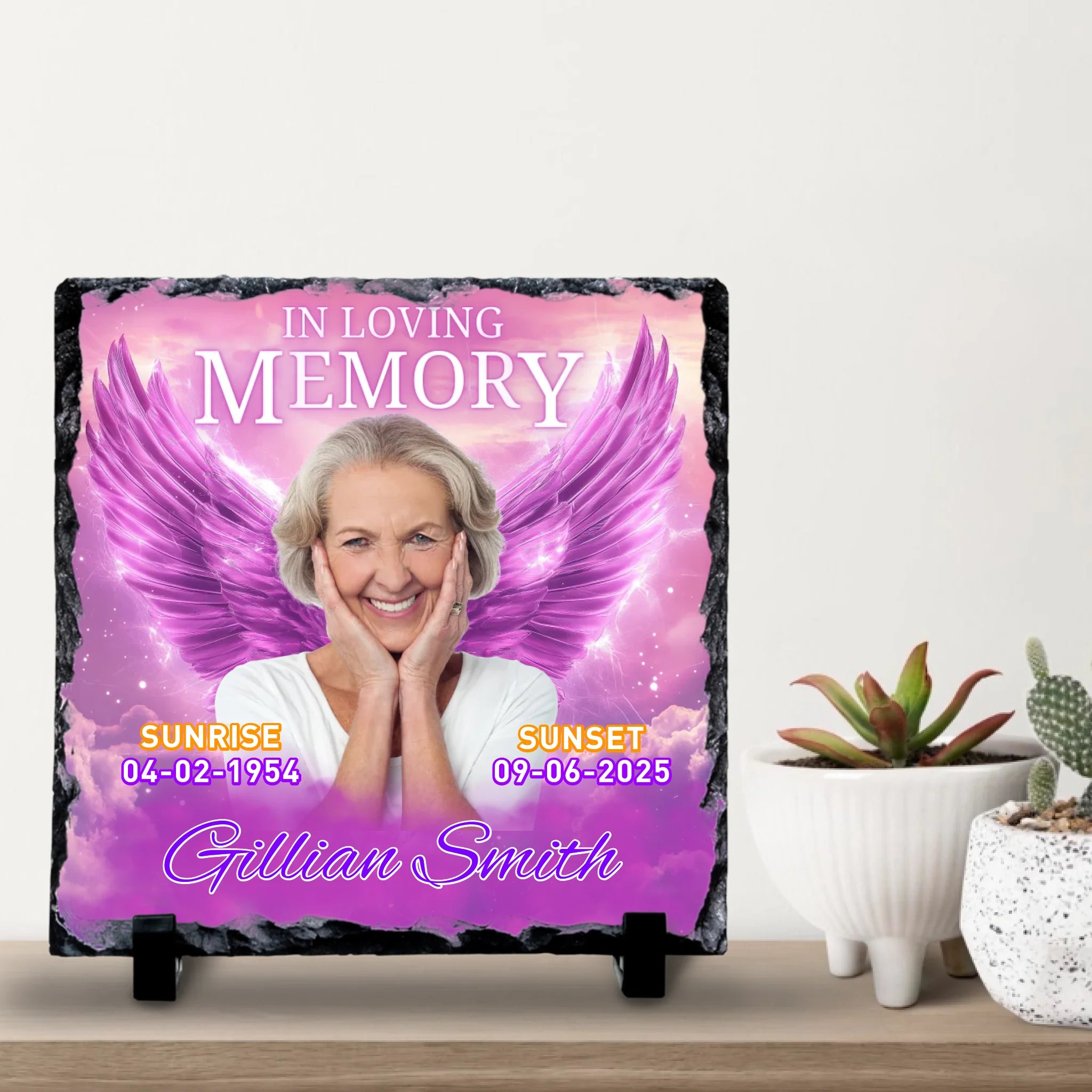 Custom Personalised Memorial Photo Slate Plaque - Purple Angel Wings