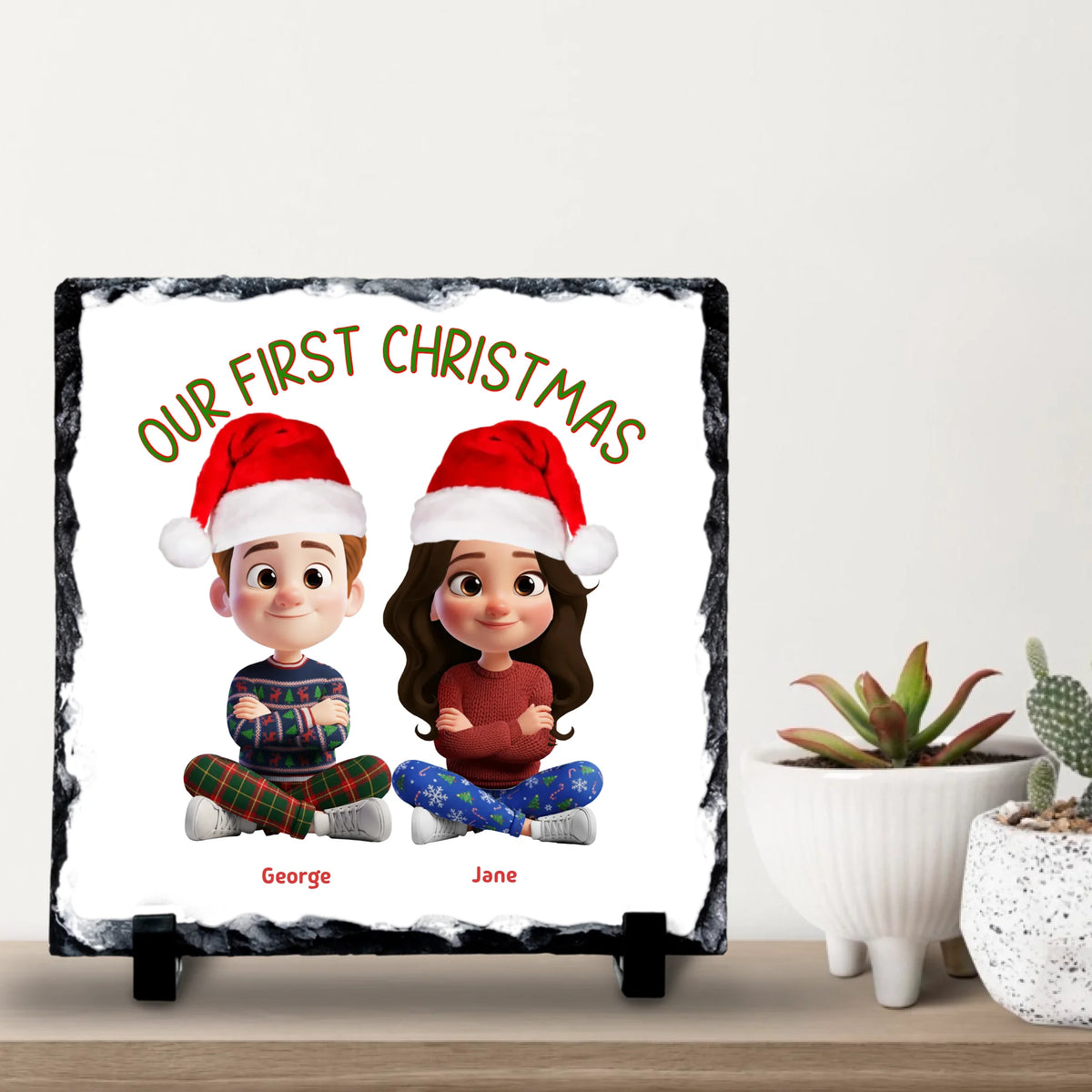 Our First Christmas Personalised Slate | Custom Couple Cartoon Design | Festive Gift Keepsake