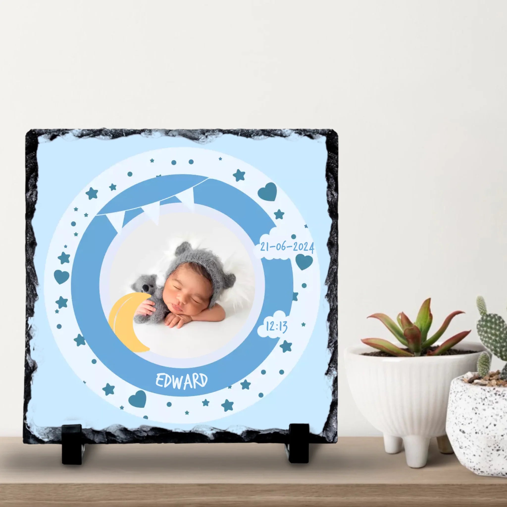 Custom Personalised Birth Announcement Photo Slate - Baby Boy - Blues