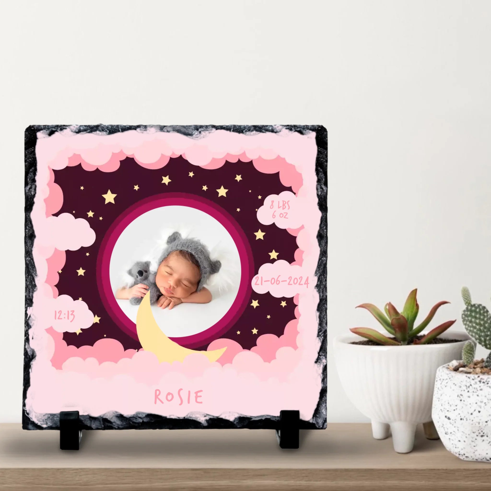 Custom Personalised Birth Announcement Photo Slate - Baby Girl - Pinks