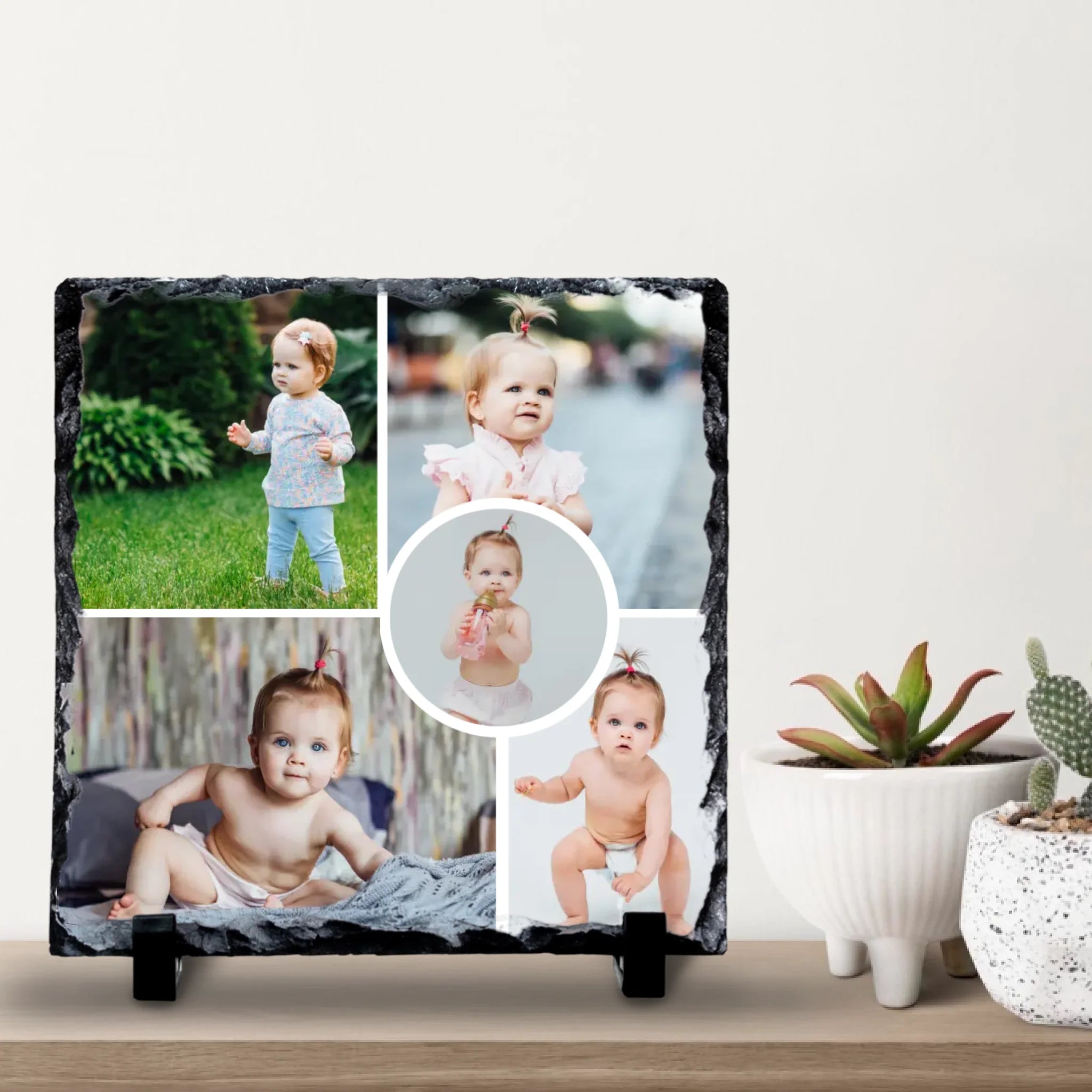 Personalised Collage Photo Slate - Custom 5-Photo Design with Central Circle Image