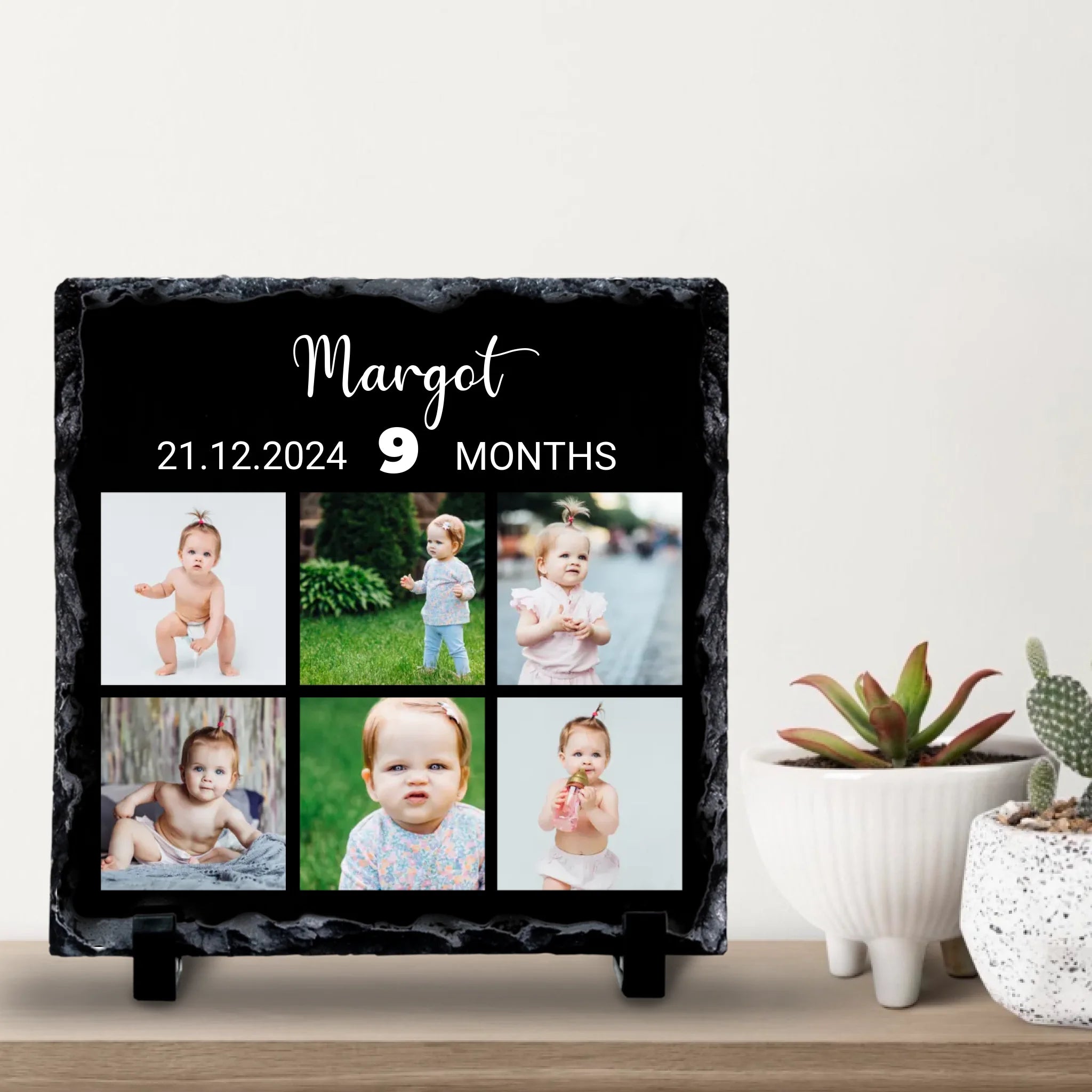 Personalised Milestone Photo Slate - Custom Square Design with 6 Photos, Name, Date & Age