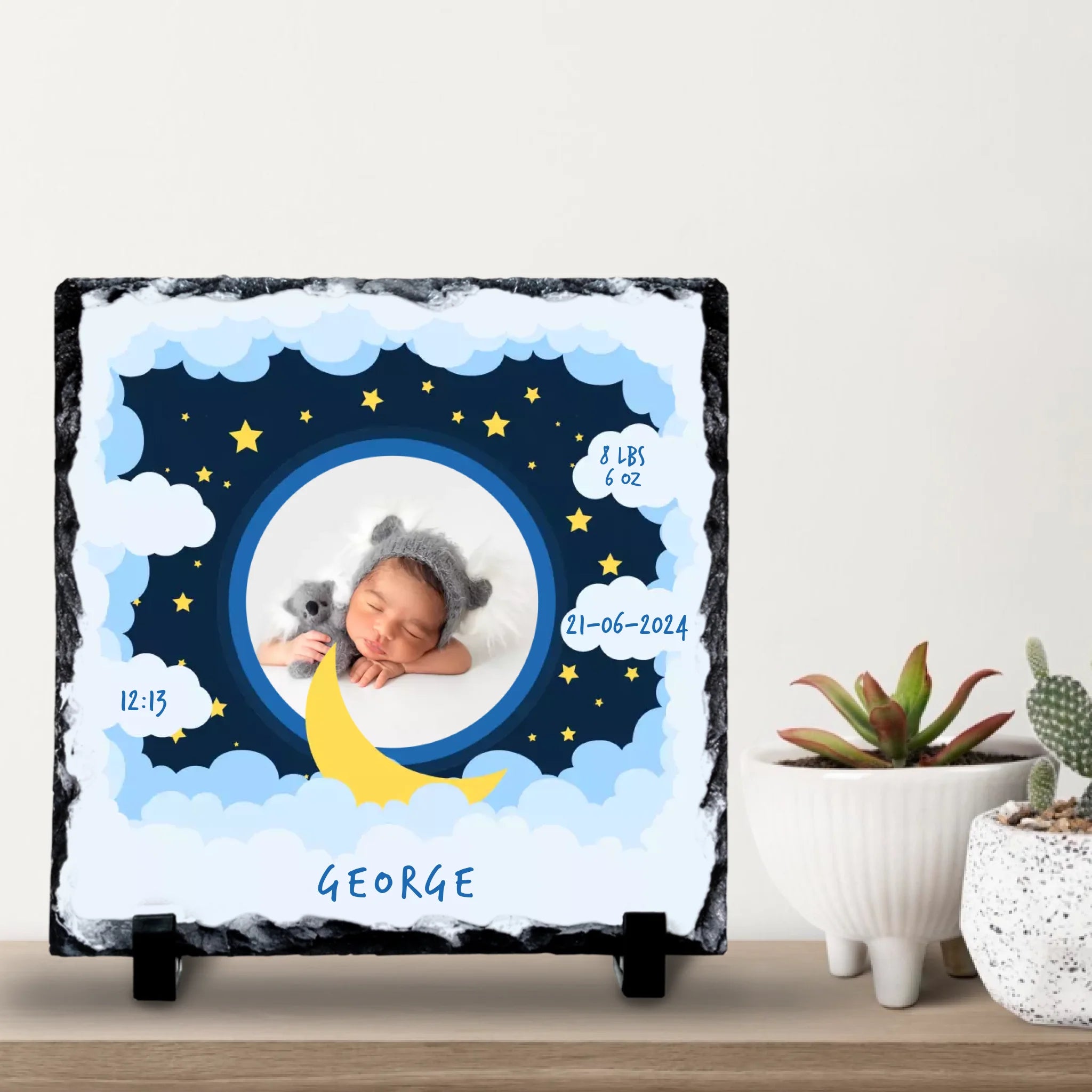 Custom Personalised Birth Announcement Photo Slate - Baby Boy - Blues