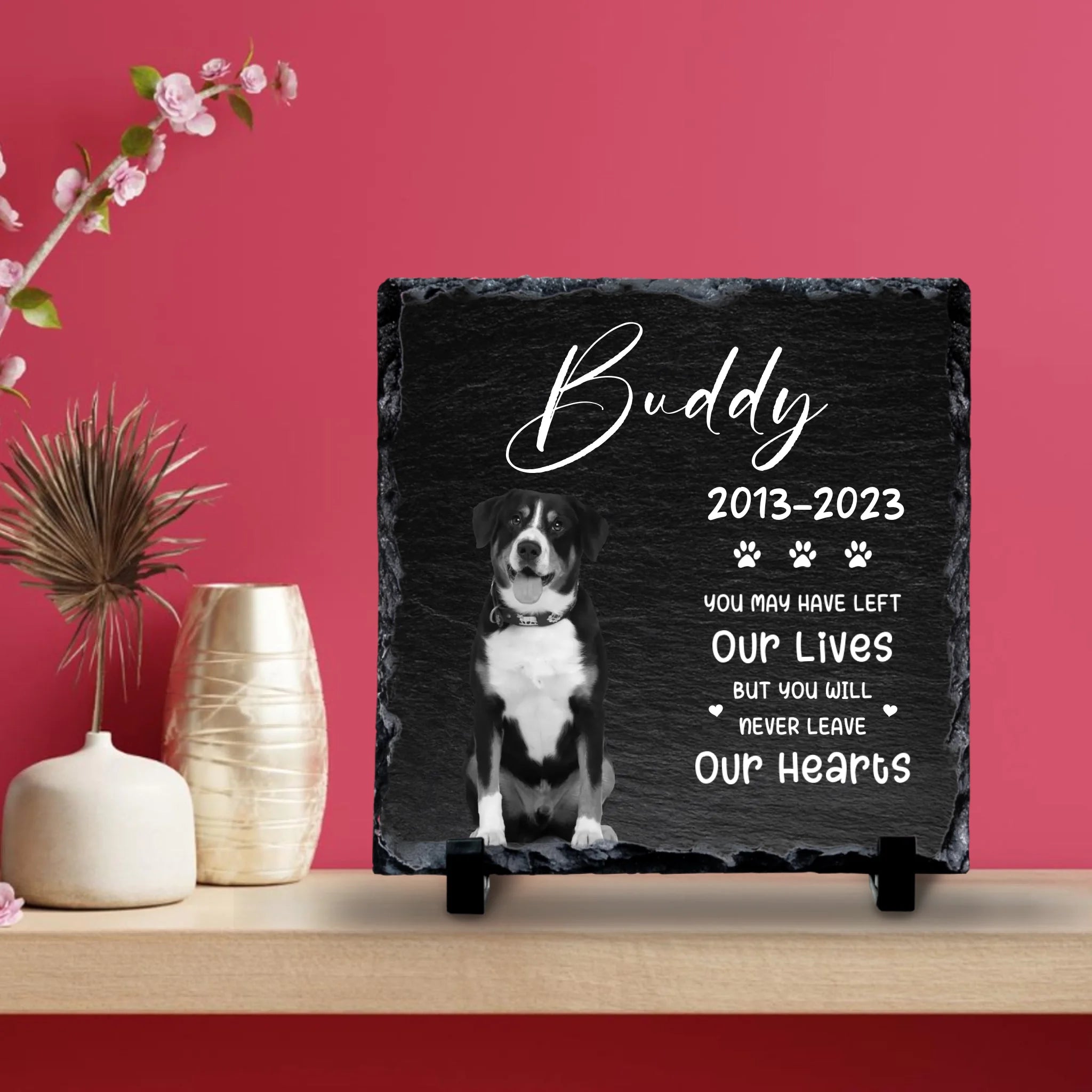 Custom Personalised  Dog Memorial Photo Slate Plaque  - Never Leave Our Hearts
