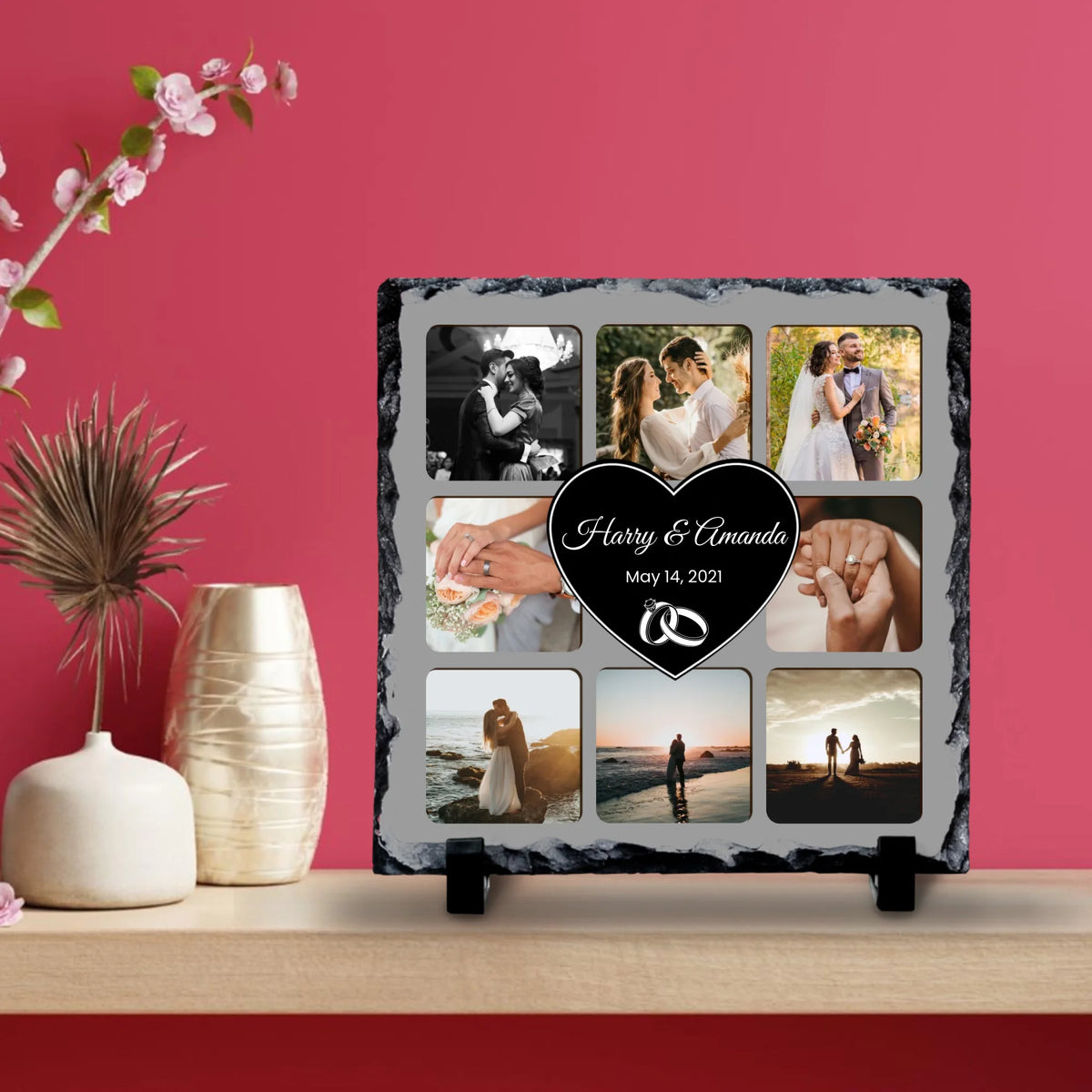 Personalised 9 Photo Collage Slate with Heart Centre – Custom Names & Date – Wedding or Anniversary Keepsake