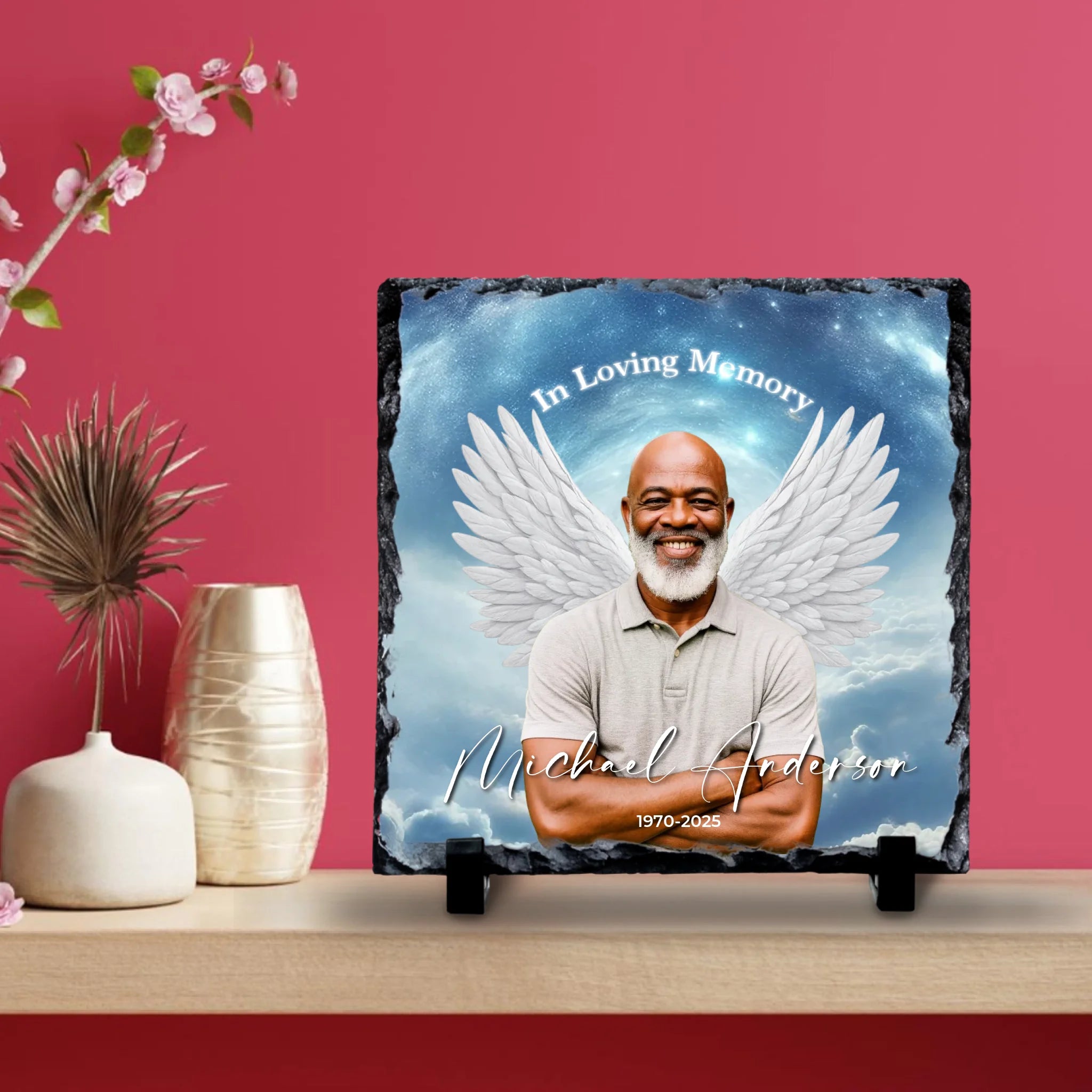 Custom Personalised Memorial Photo Slate Plaque  - Angel Wings