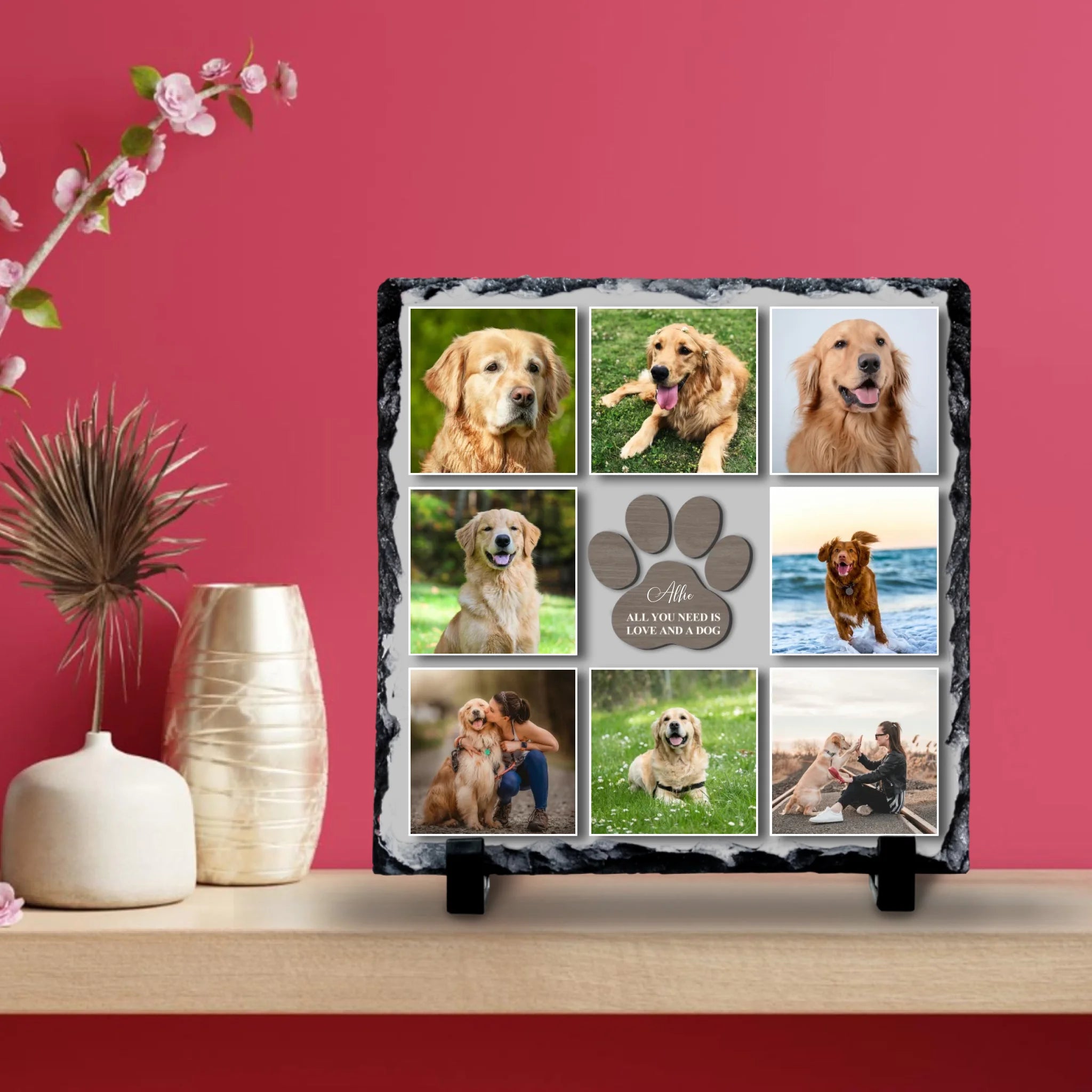 Close-up of personalised pet photo slate showing photo collage detail and paw print design