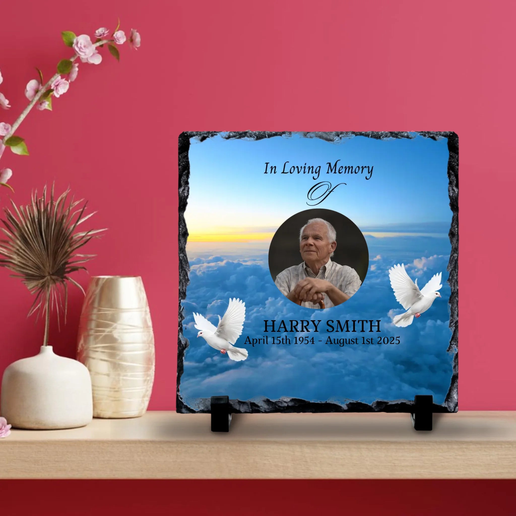 Custom Personalised Memorial Photo Slate Plaque  - Clouds & Doves