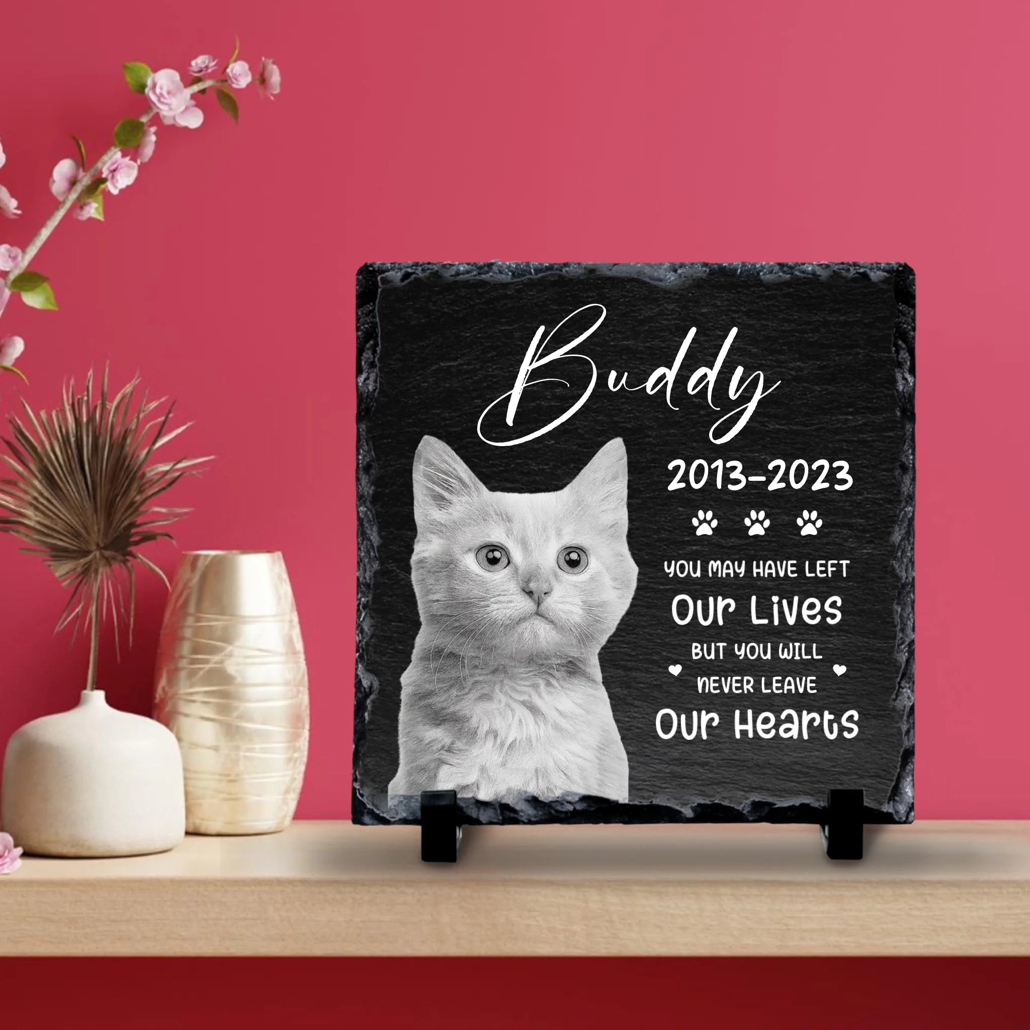 Custom Personalised  Pet Memorial Photo Slate Plaque  - Never Leave Our Hearts