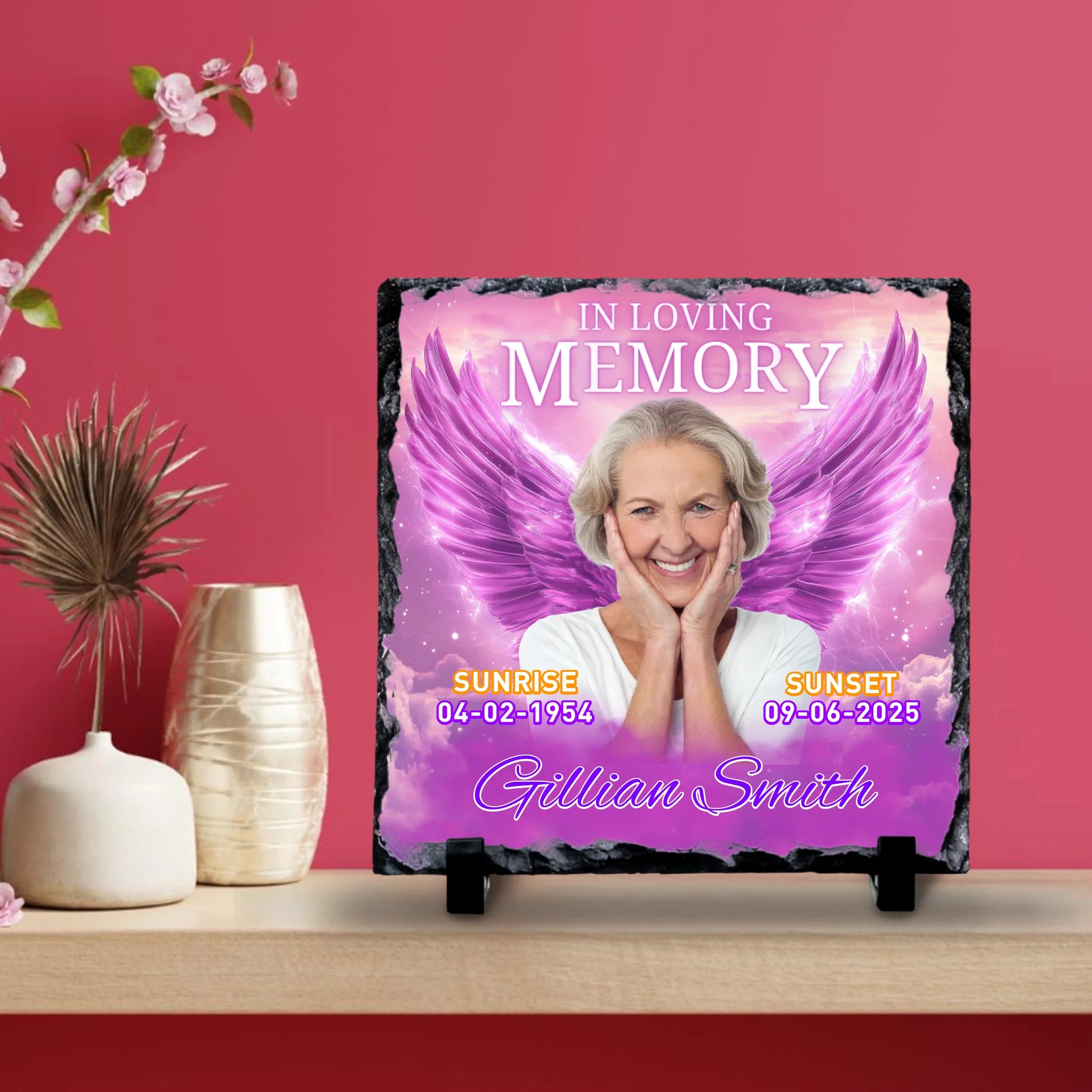 Custom Personalised Memorial Photo Slate Plaque - Purple Angel Wings