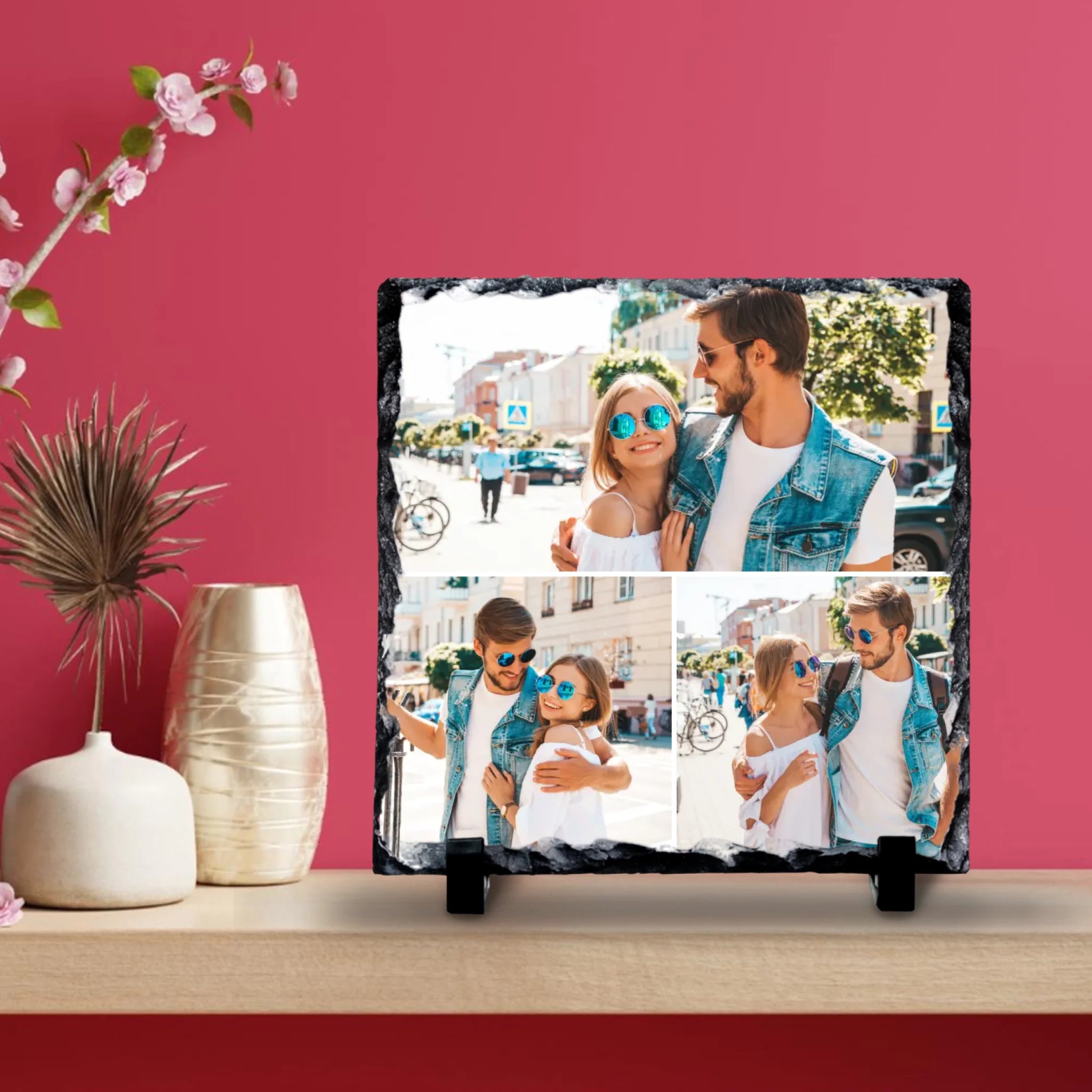 Custom Personalised Photo Slate - 3 Photos - Custom Collage with Text & Grid Colour Options