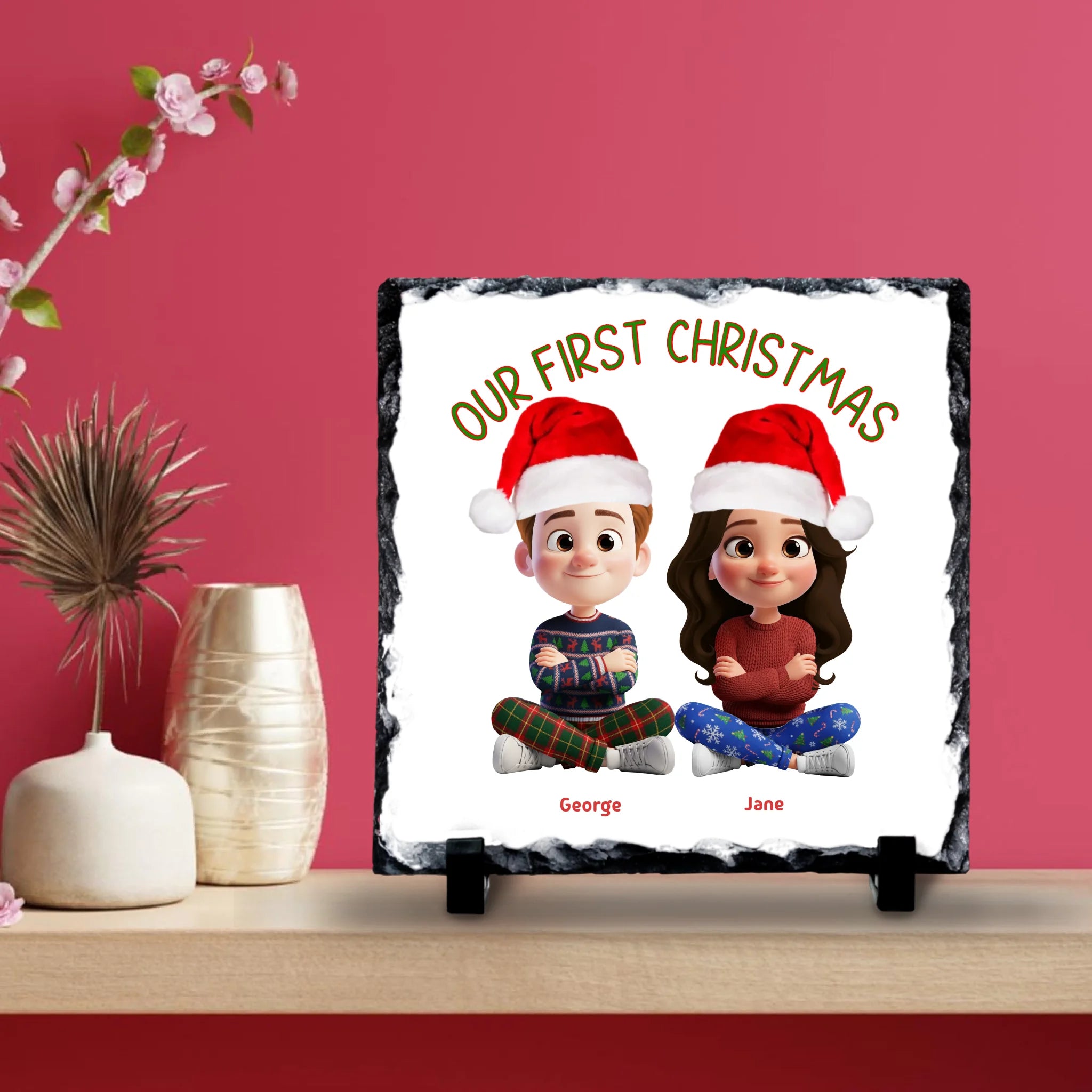 Our First Christmas Personalised Slate | Custom Couple Cartoon Design | Festive Gift Keepsake