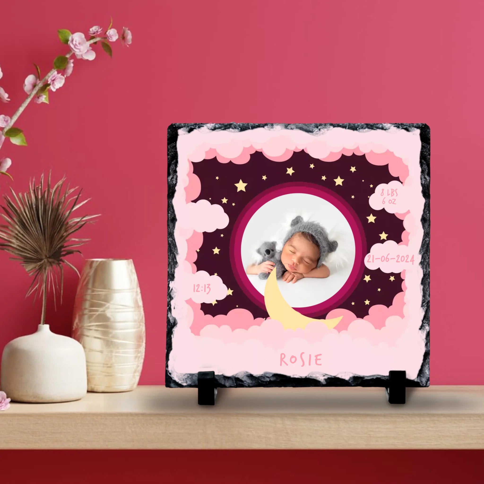 Custom Personalised Birth Announcement Photo Slate - Baby Girl - Pinks
