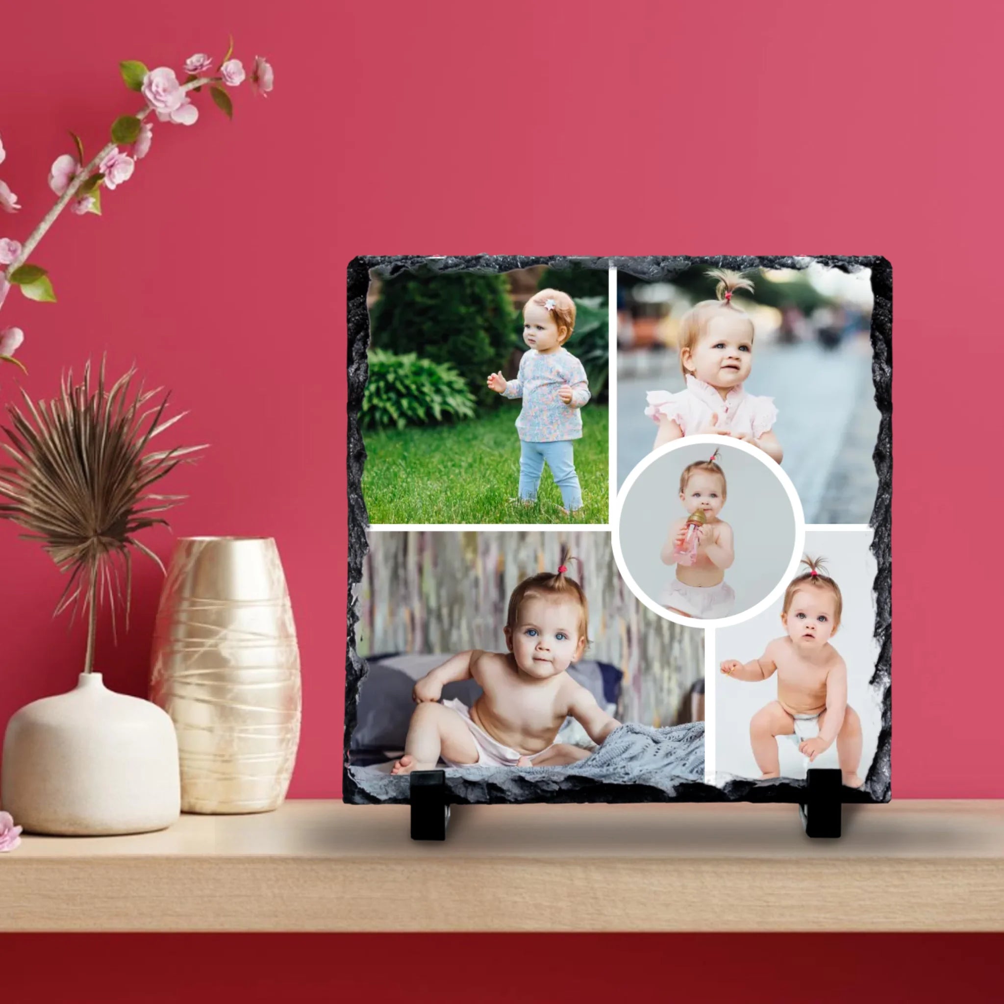 Personalised Collage Photo Slate - Custom 5-Photo Design with Central Circle Image