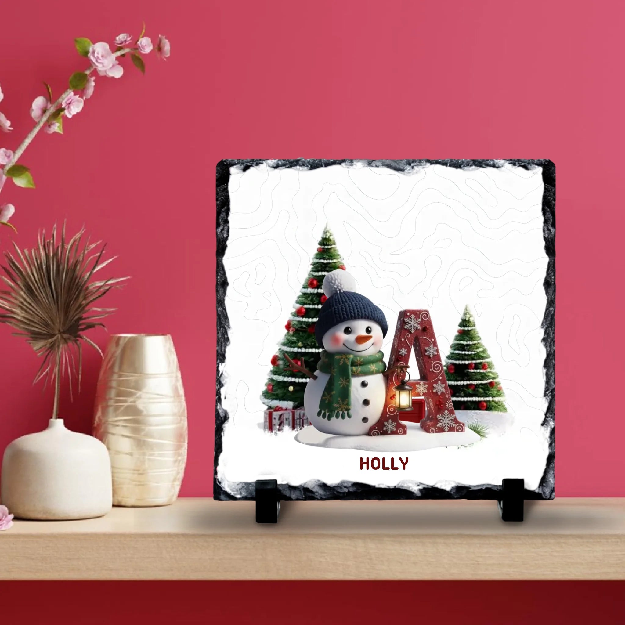Personalised Christmas Initial Slate | Custom Snowman & Tree Design | Name Gift for Kids or Family