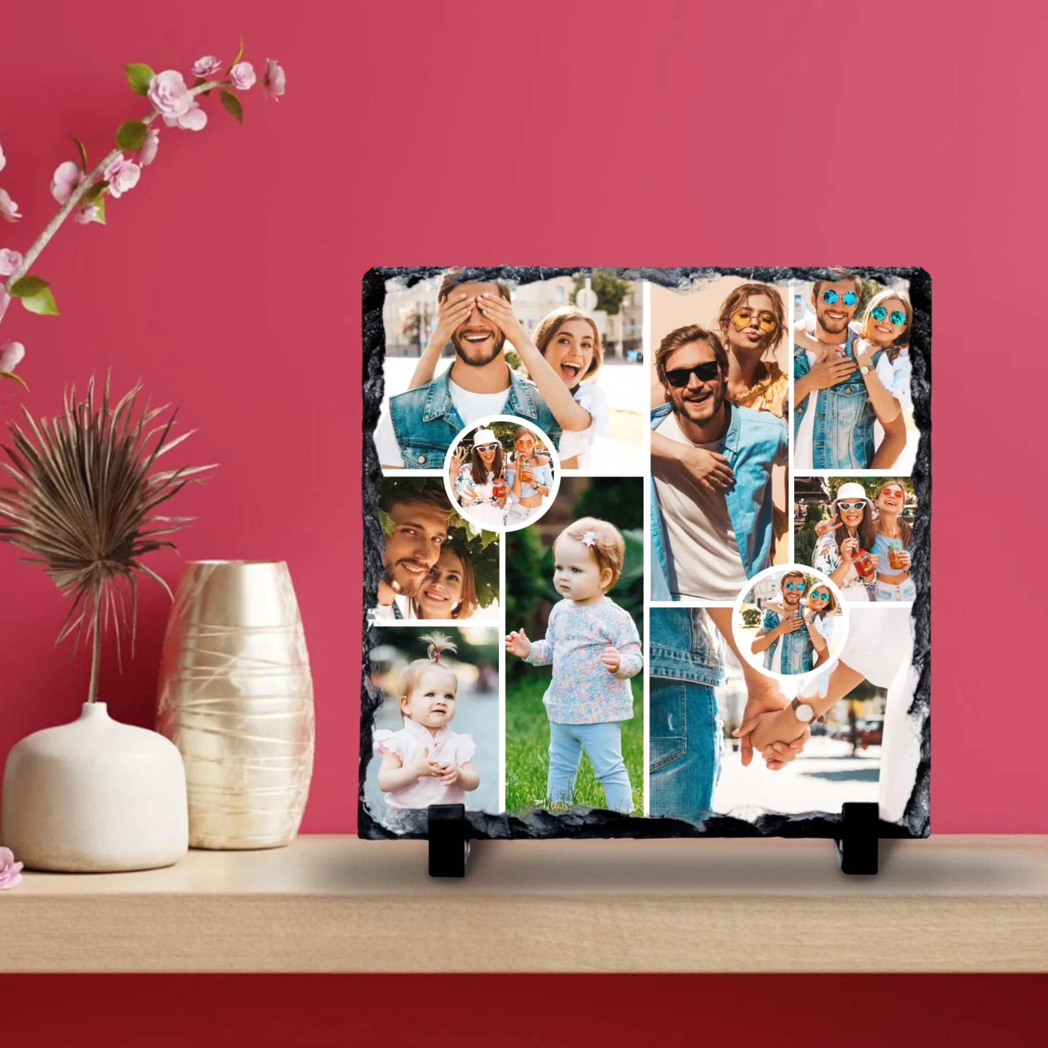 Custom Personalised Photo Slate - 10 Photos - Custom Collage With 2 Circle Photos