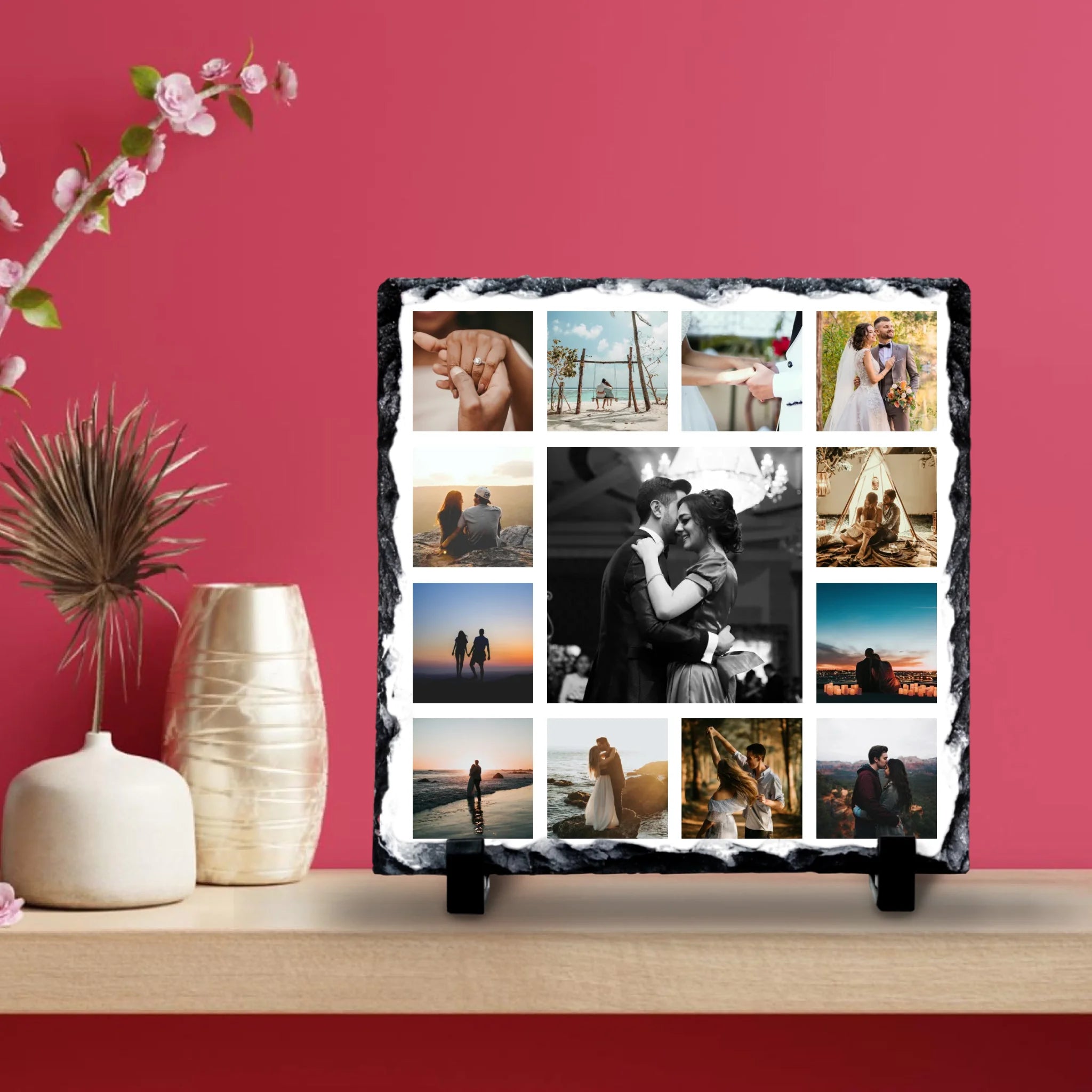 Photo slate with square collage design showing family photos and personalised wording
