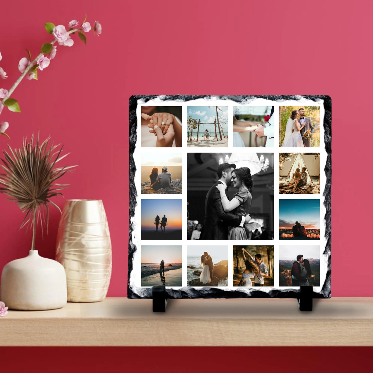 Personalised Photo Collage Slate – 13 Photo Square Design with Custom Text & Background Colour – Anniversary or Family Gift